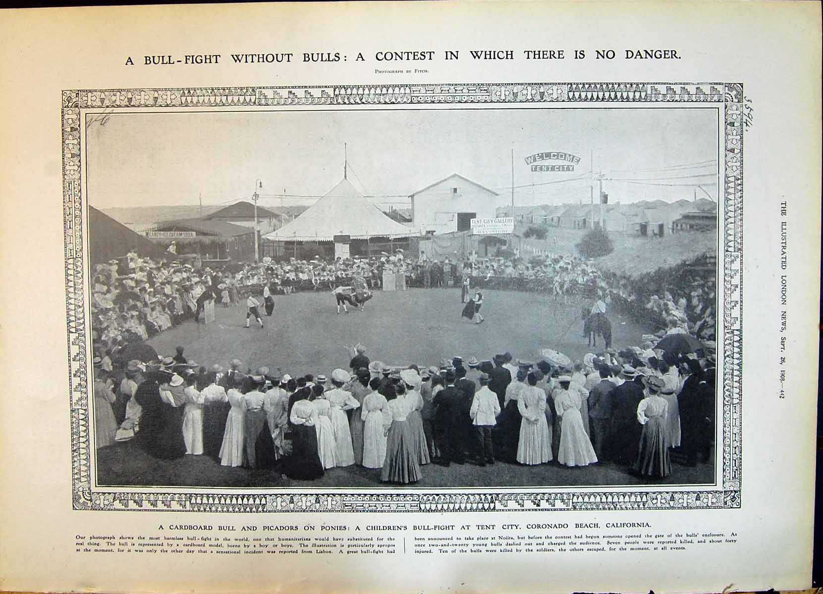 Old 1908 Cardboard Children Bull Fight Tent City America California T 20th