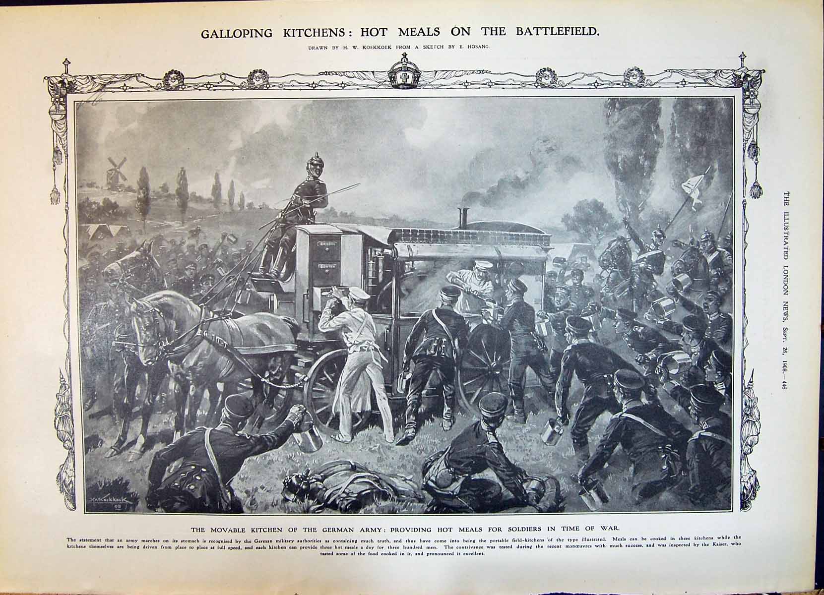Old Print 1908 Movable Kitchen German Army War Siers Religions Masks Mal 20th