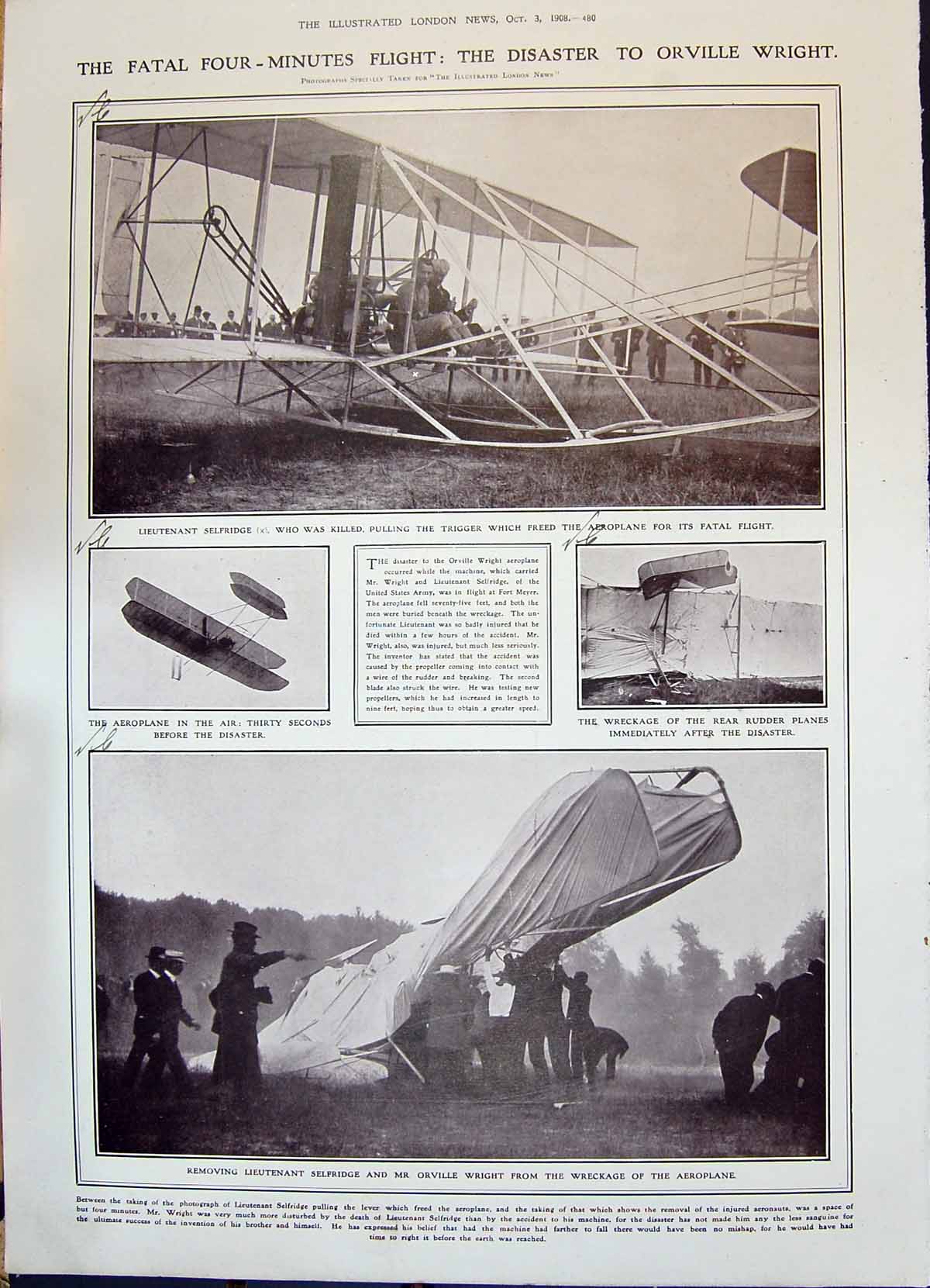 Old 1908 Orville Wright Aeroplane Accident Selfridge Plague Japan Sho 20th