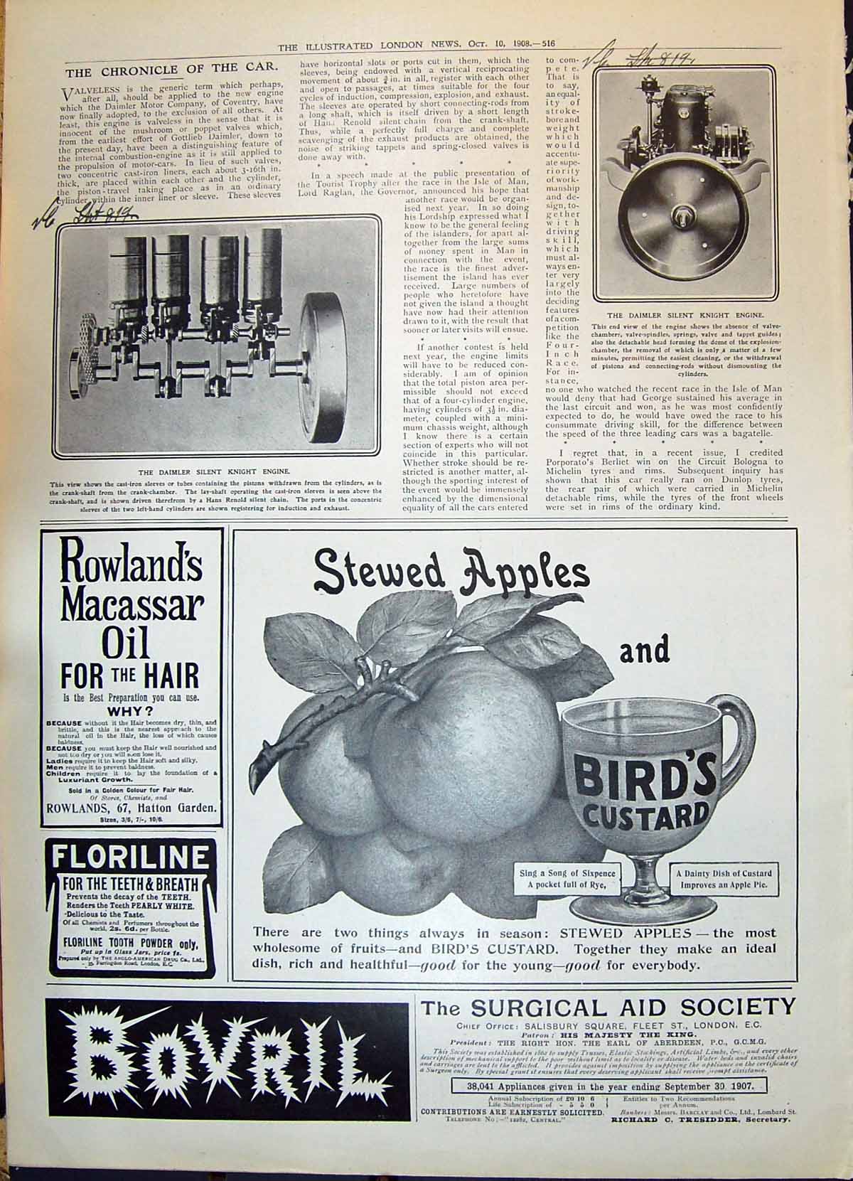 Old Print 1908 Daimler Silent Knight Engine Birds Custard Bovril Rowlands 20th