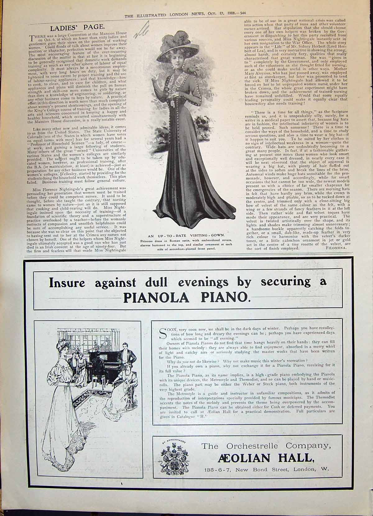 Antique Print 1908 Ladies Fashion Princess Dress Roman Sating Pianola Piano