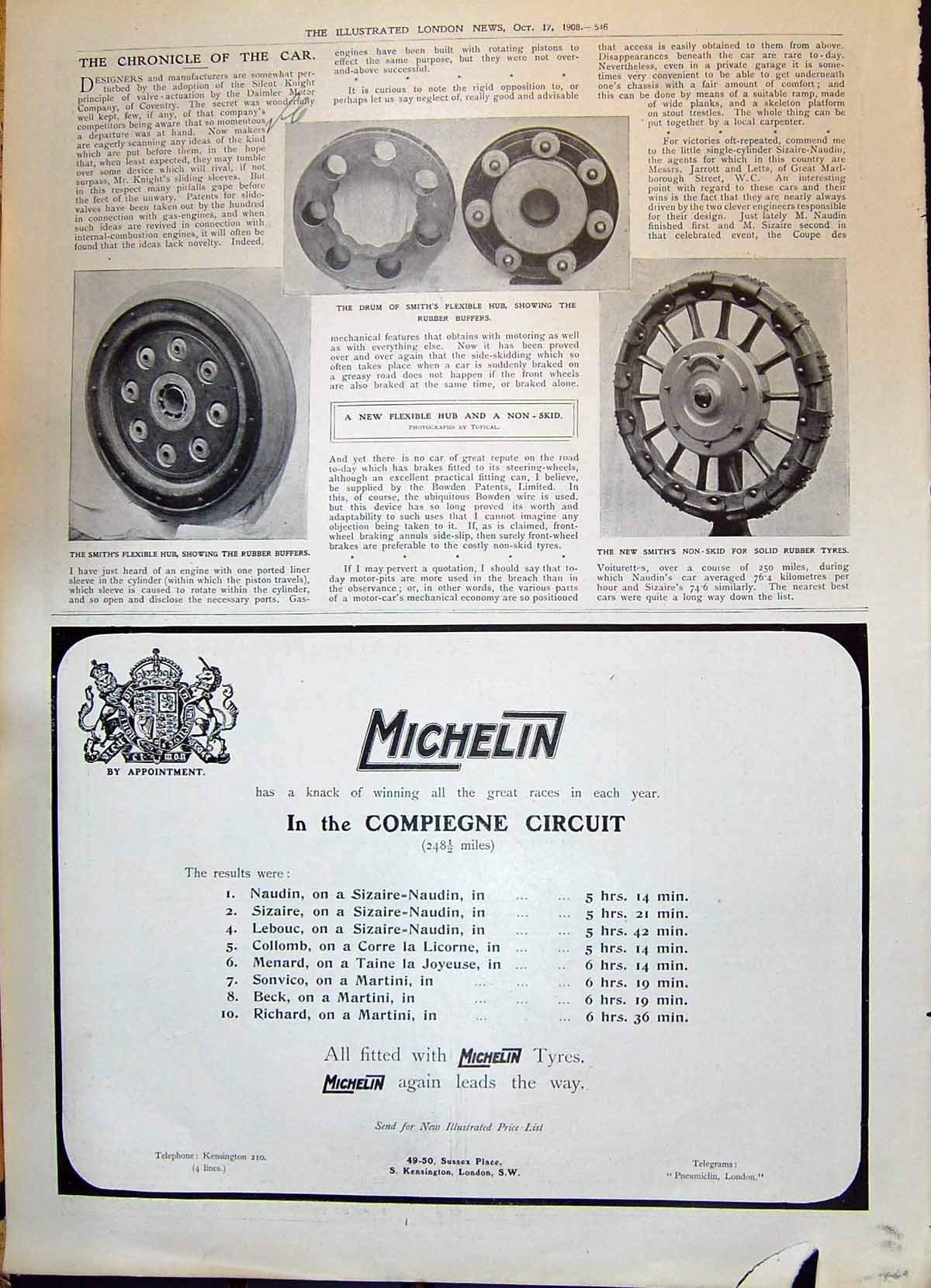 Old Print 1908 Drum Smith Flexible Hub Rubber Buffers Michelin Car Tyres 20th