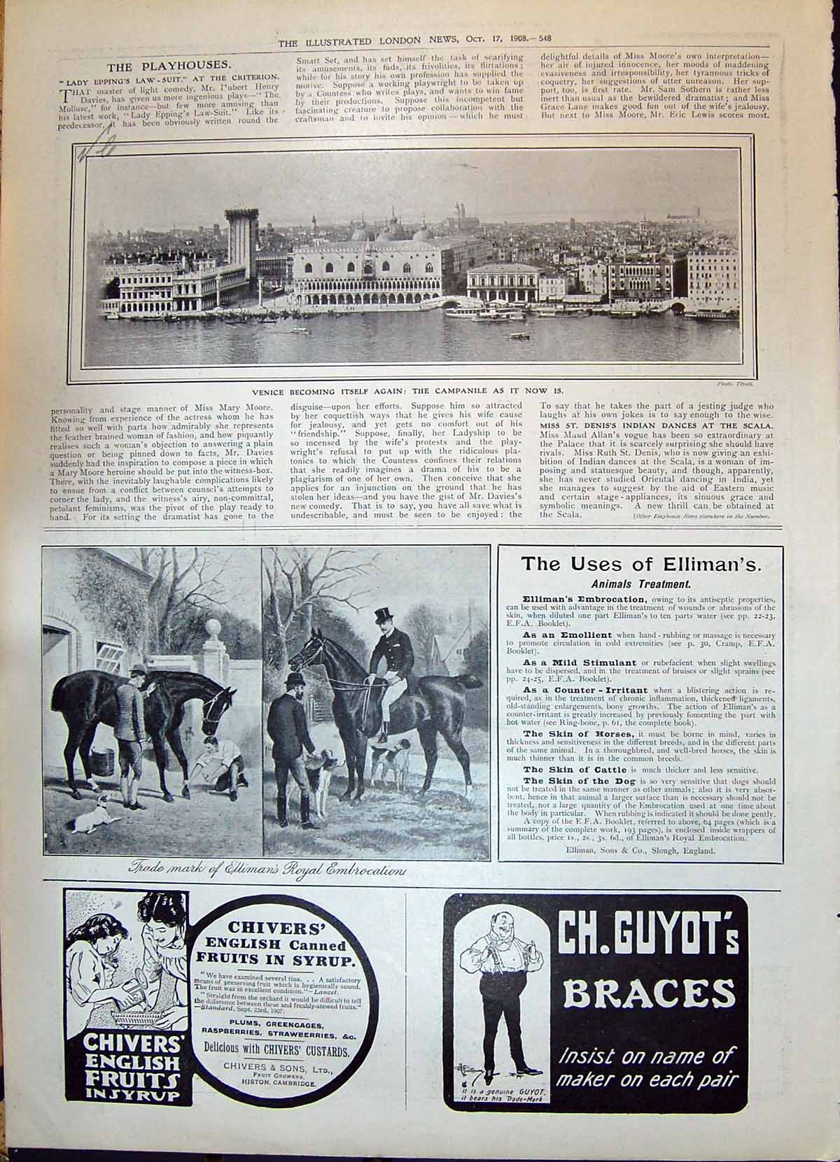 Old Print 1908 Venice Campanile Ellimans Embrocation Chivers Guyot Braces 20th