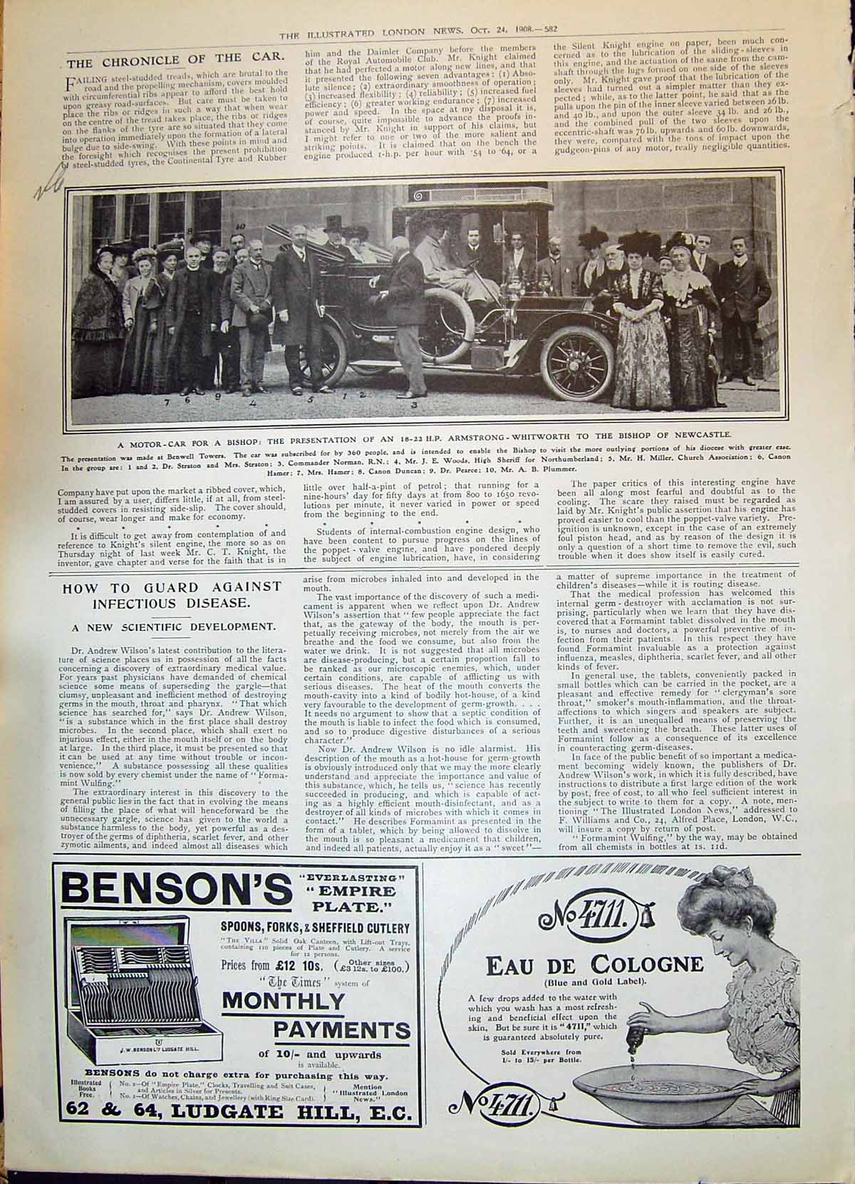 Old 1908 Motor Car Armstrong-Whitworth Bishop Newcastle Eau Cologne B 20th