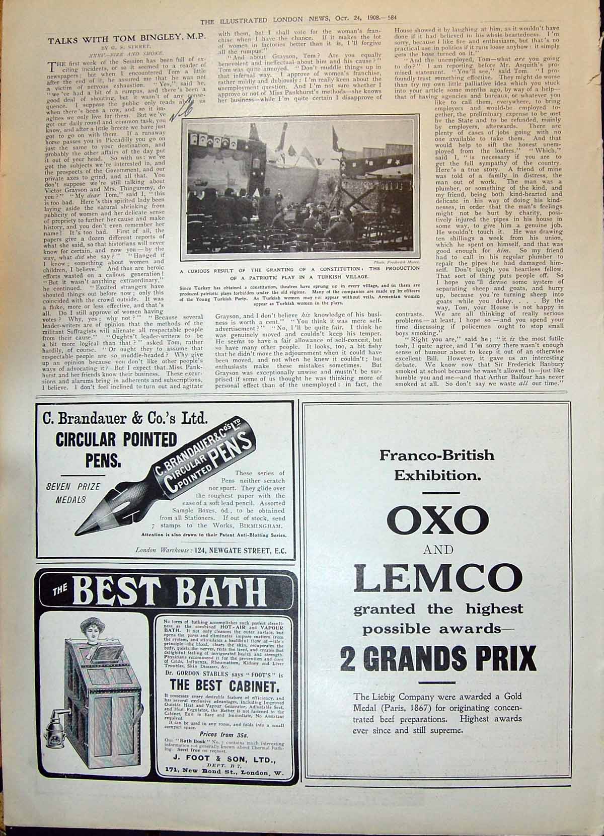 Old 1908 Production Patriotic Play Turkish Village Oxo Lemco Foot Bat 20th