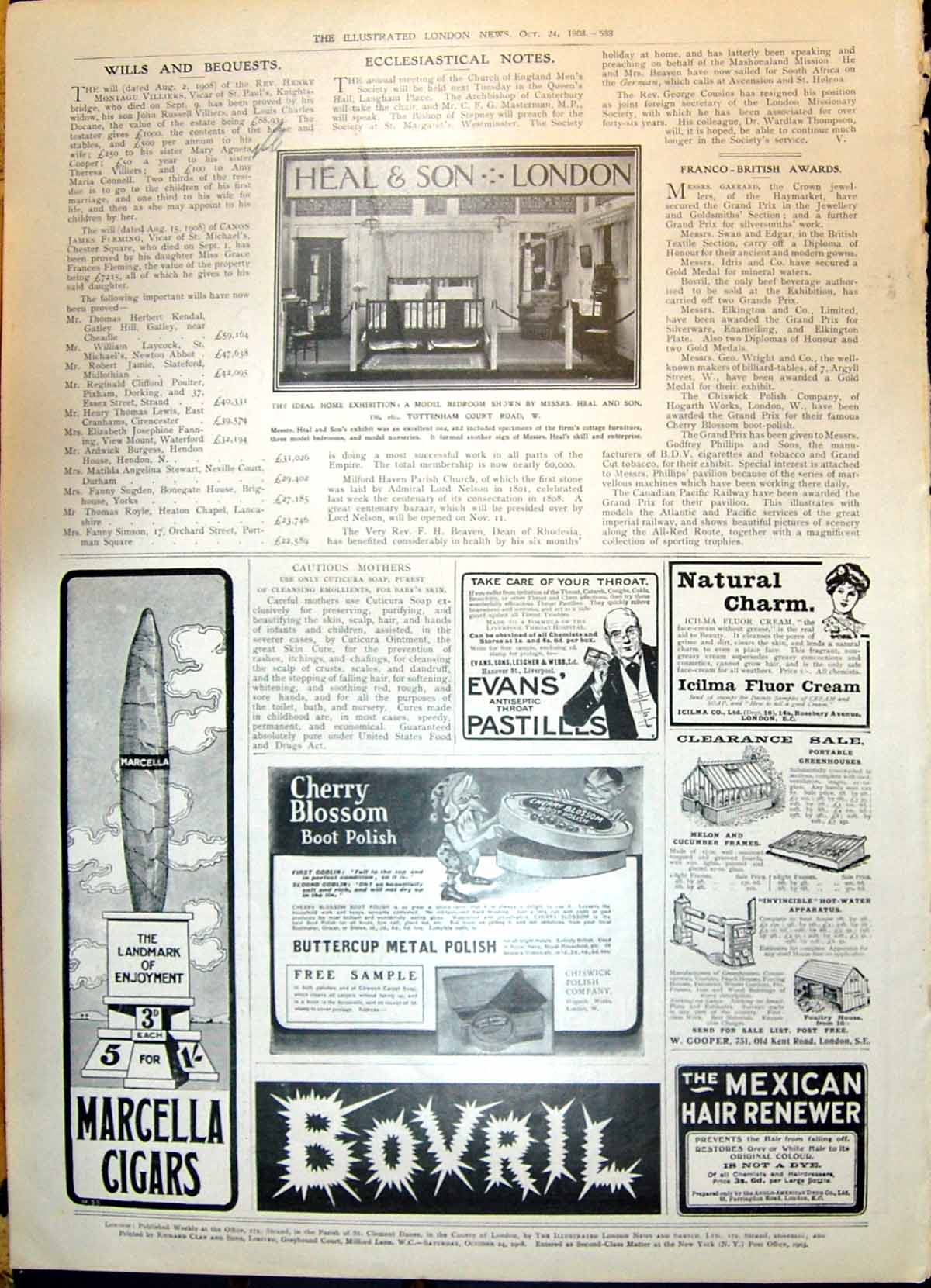 Old Print 1908 Ideal Home Exhibition Model Bedroom Bovril Marcella Cigars 20th