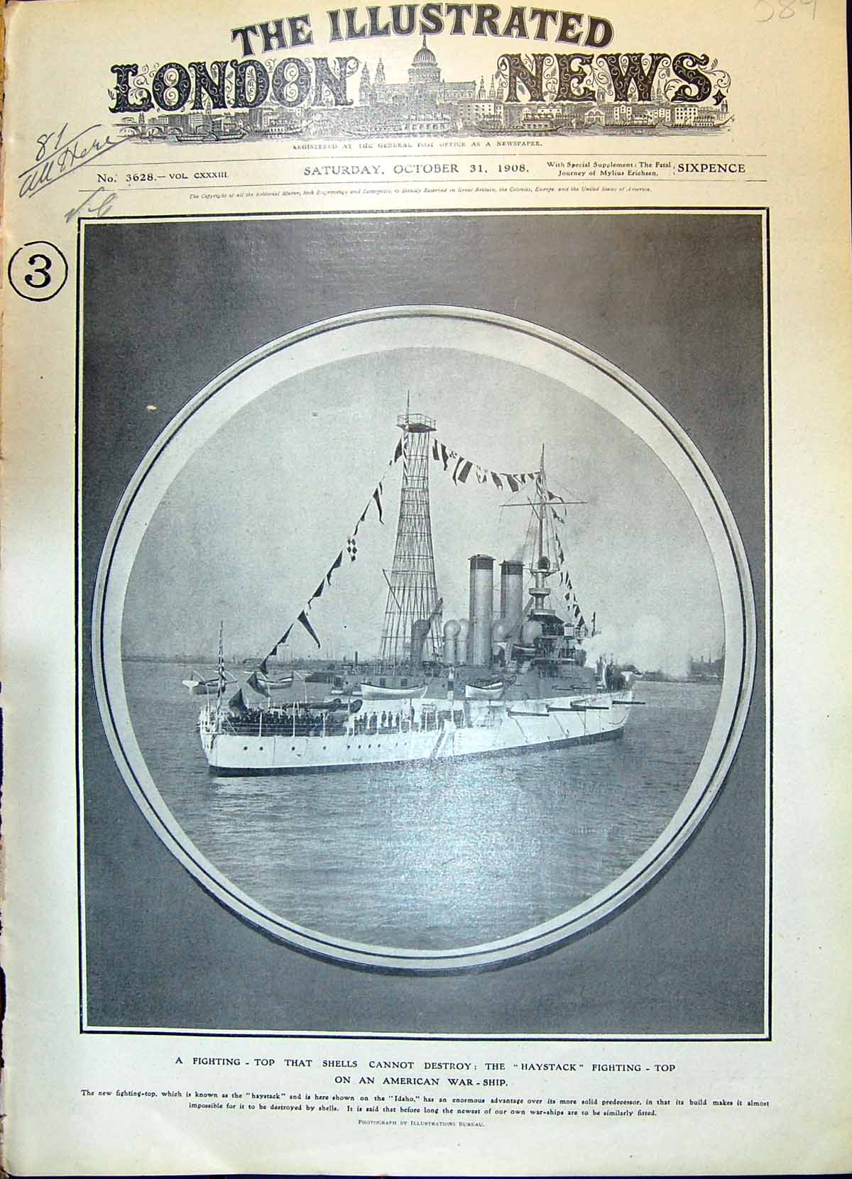 Original Old Antique Print 1908 Fighting-Top Haystack American War Ship Idaho