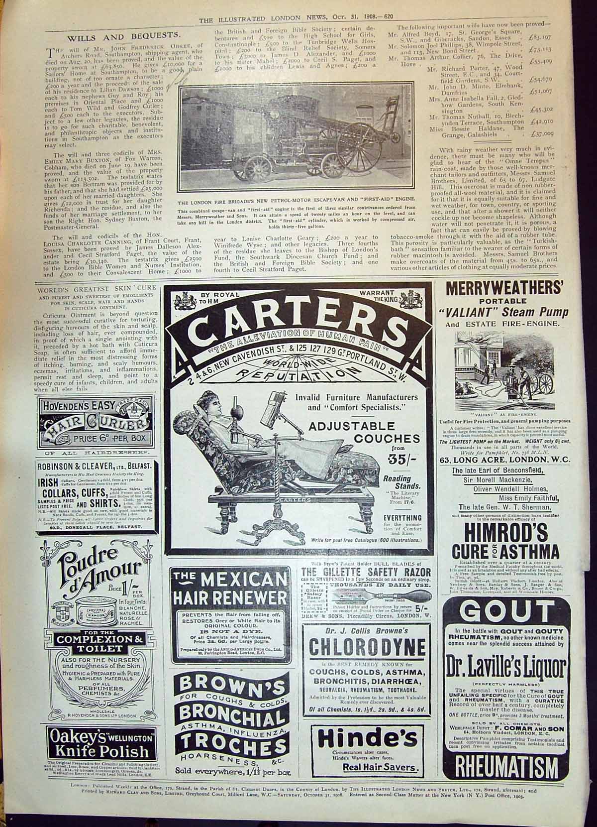 Old 1908 London Fire Brigade Petrol-Motor Escape Van Carters Gout Chl 20th