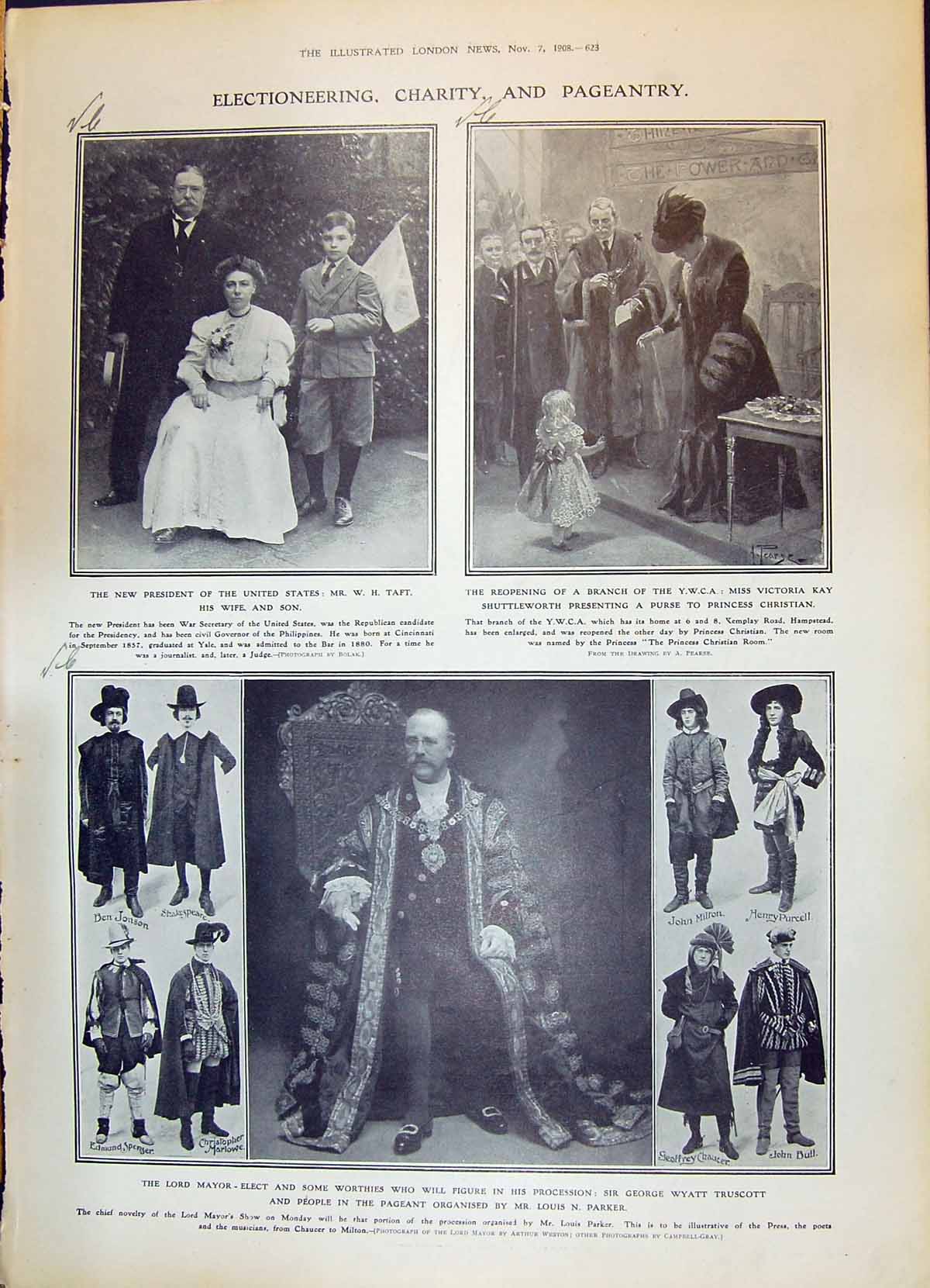 Old 1908 America Taft Shuttelworth Parker Bull Marlowe Pageant York M 20th