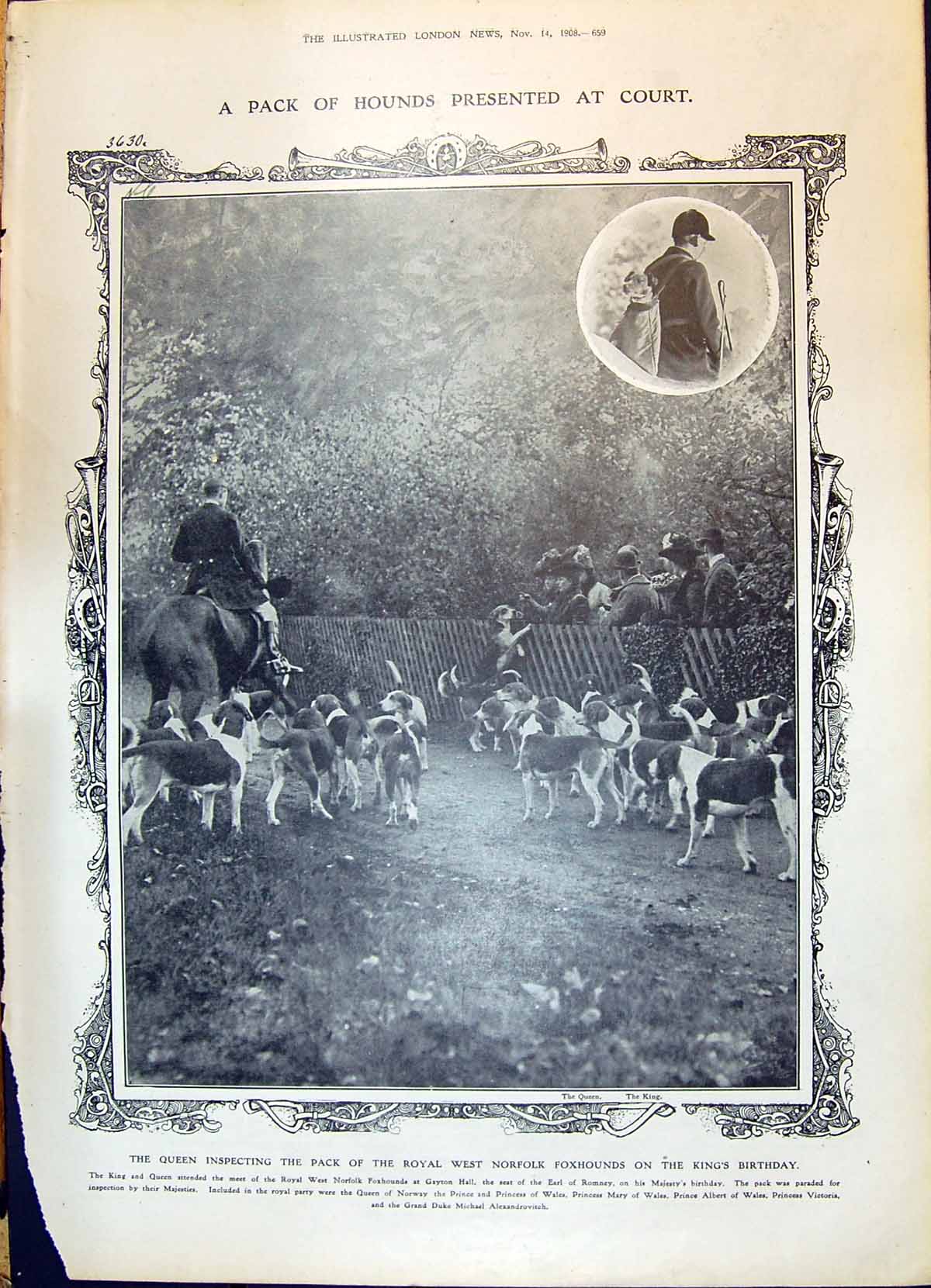 Antique Old Print 1908 Queen Royal Norfolk Foxhounds Hunting Majesty Sweden