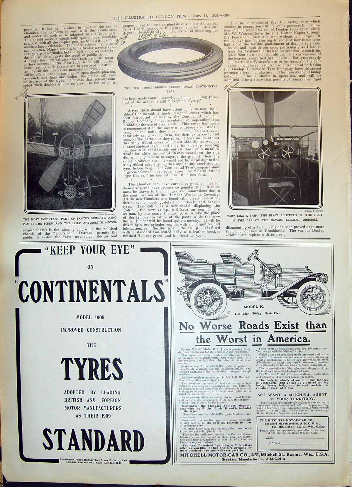 Old 1908 Car Bayard-Clement Dirigible Santos Dumont Aeroplane Mitchel 20th