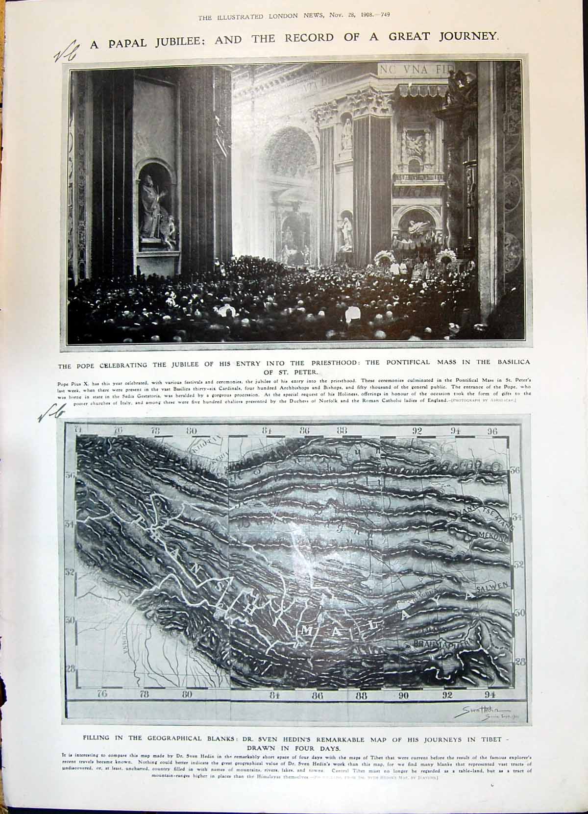 Old 1908 Papal Jubilee Pope Basilica St. Peter Sven Hedin Map Tibet B 20th