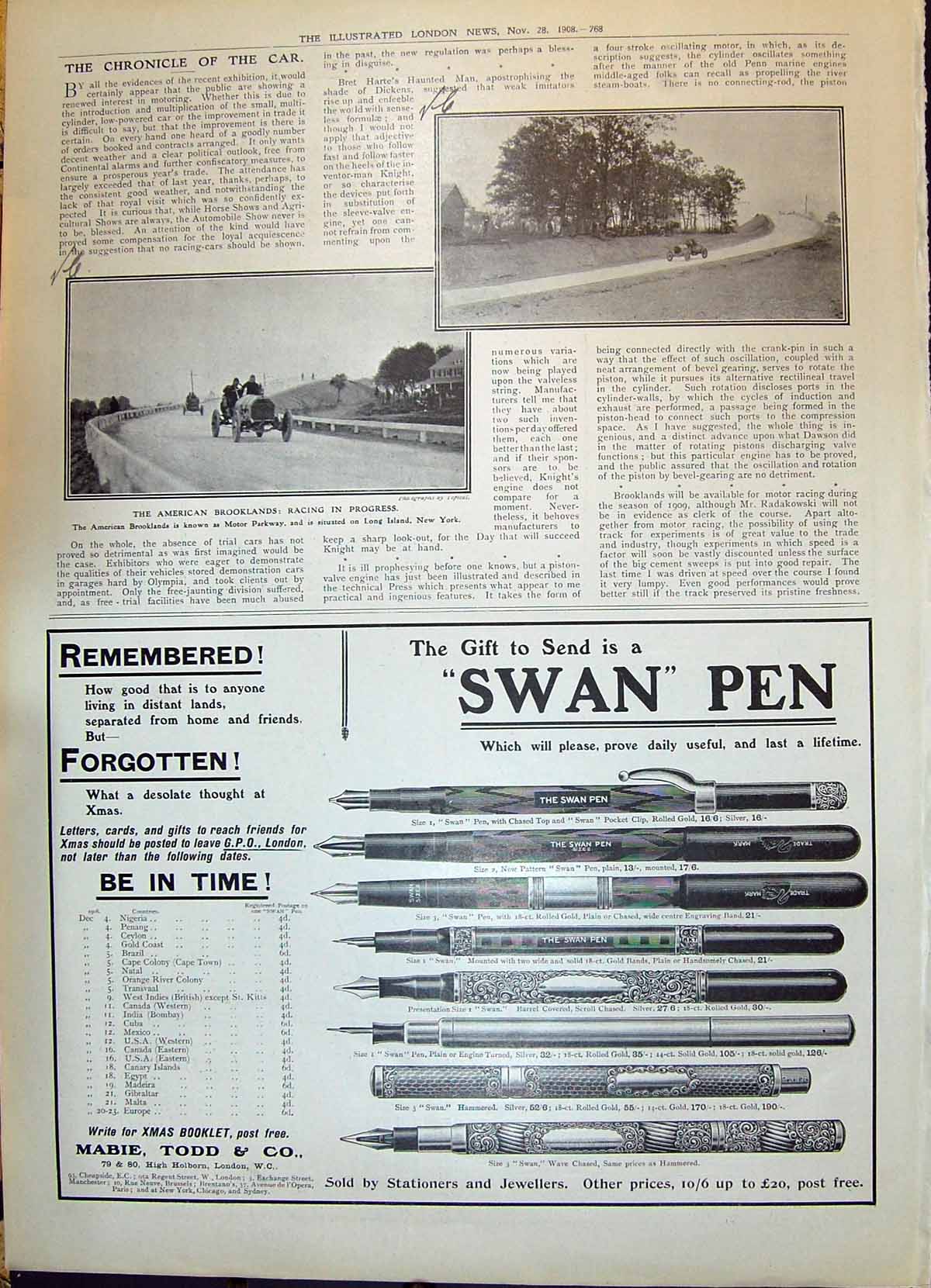 Old 1908 American Brooklands Motor Car New York Advertisment Swan Fou 20th