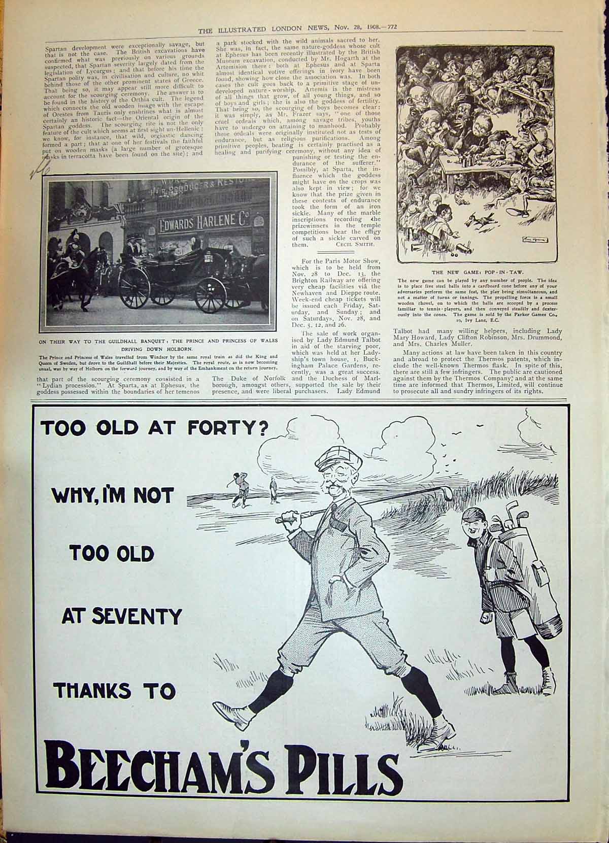 Antique Print 1908 Prince Wales Holborn Car Pop-In-Taw Games Beechams Pills