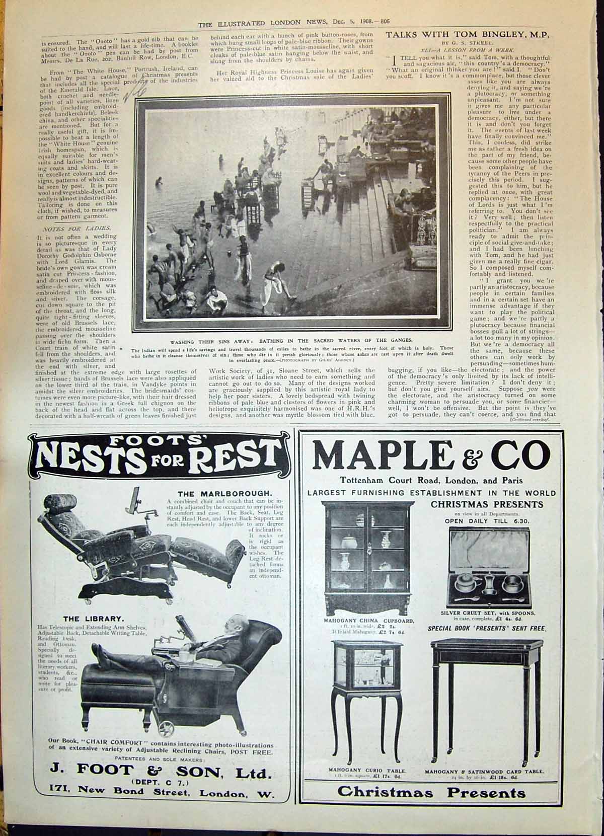 Antique Print 1908 Bathing Sacred Waters Ganges Foot Chairs Maple Furniture