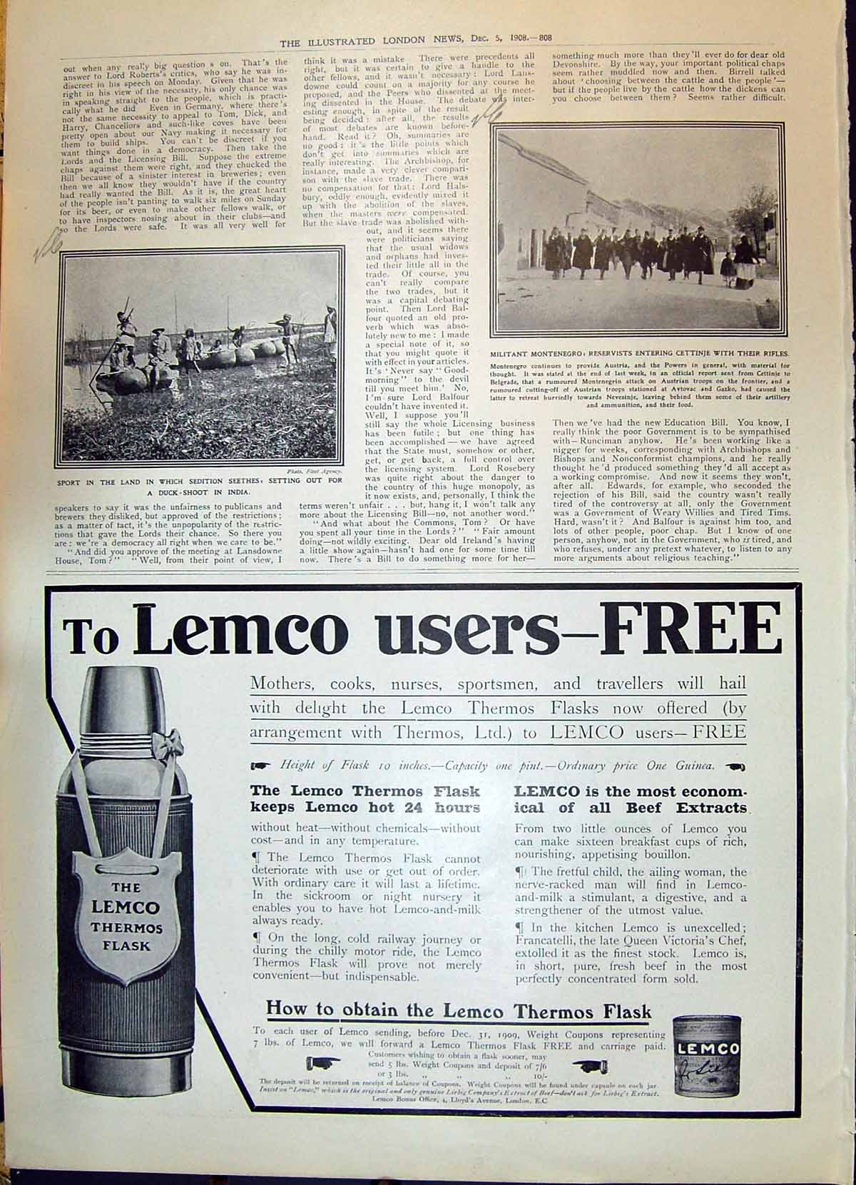 Old 1908 Lemco Thermos Flask Duck Shooting India Montenegro Cettinje 20th