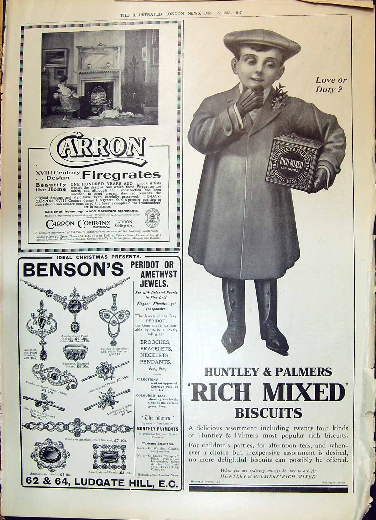 Old Print 1908 Huntley Palmer Biscuits Carron Bensons Hudson Soap Diamond 20th