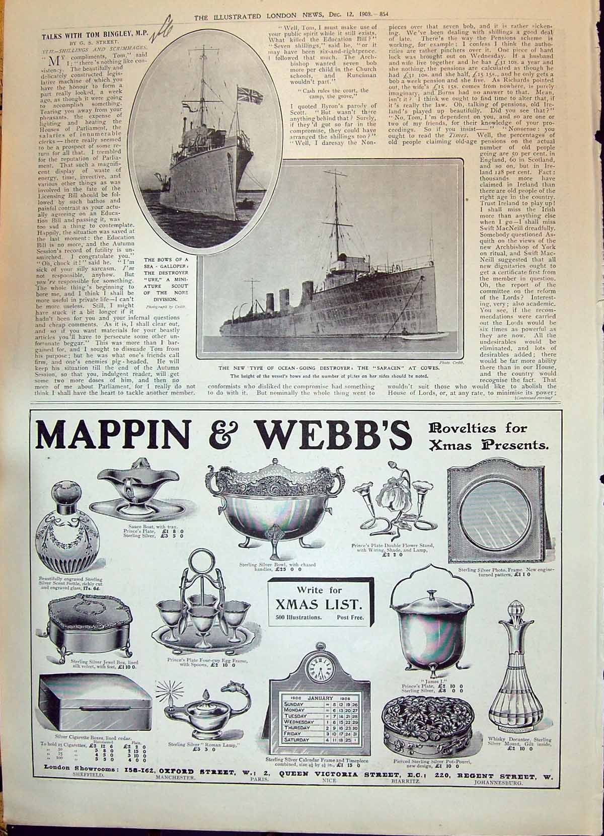 Old Print 1908 Destroyer Ship Ure Saracen Cowes Mappin Webb London Paris 20th