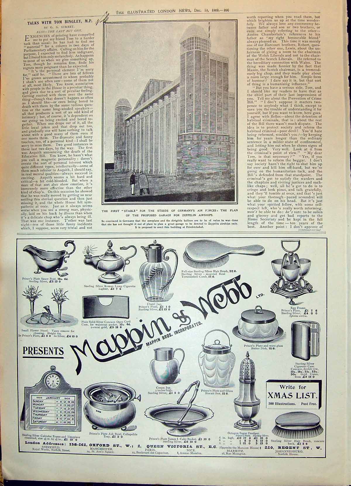 Old Print 1908 Mappin Webb Plan Proposed Garage German Zeppelin Airships 20th