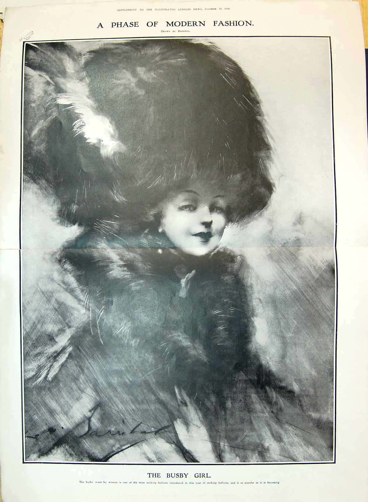 Antique Old Print 1908 Portrait Beautiful Woman Busby Girl Modern Fashion 20th