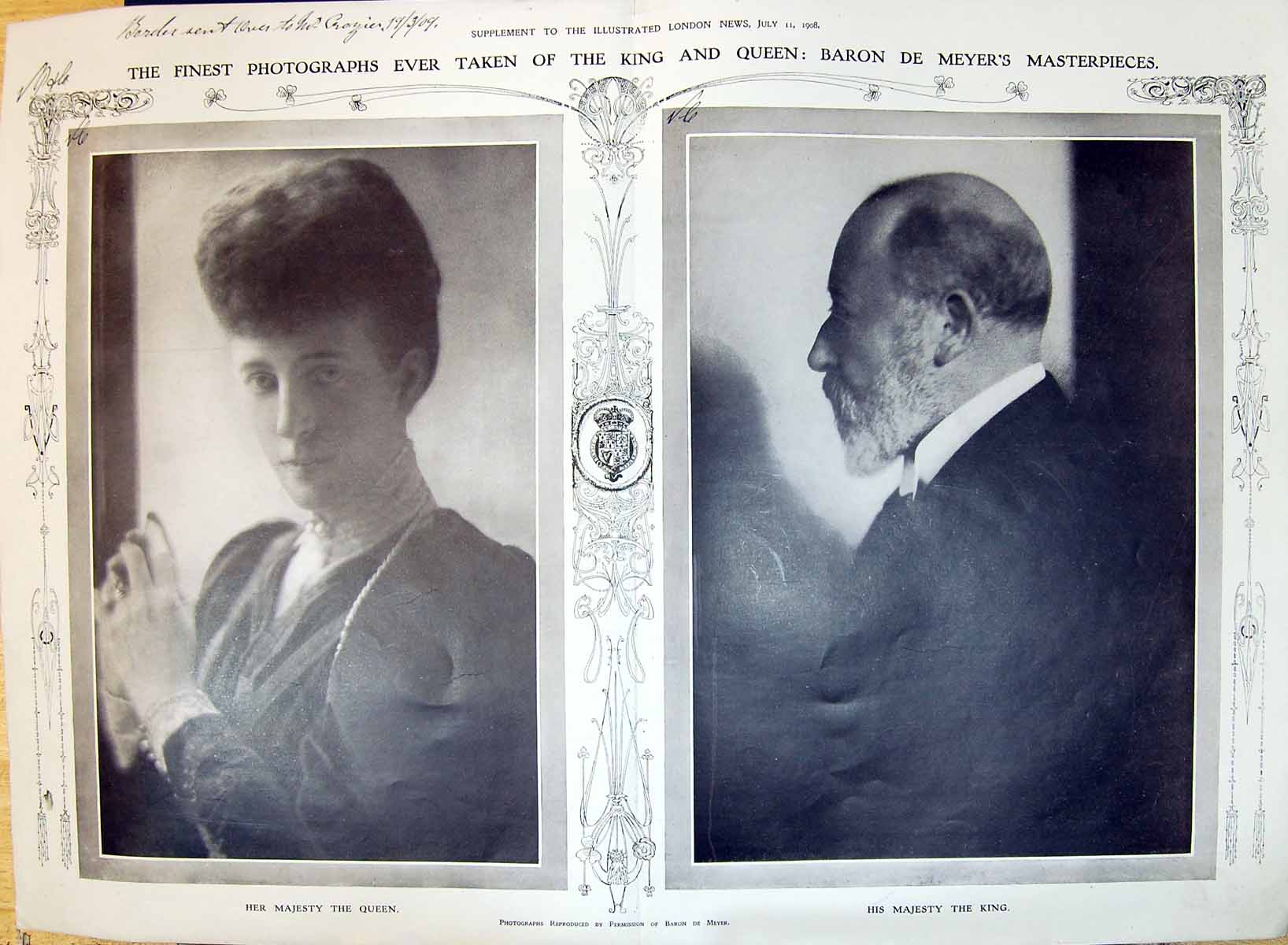 Original Old Antique Print 1908 Portrait King Queen England Baron De Mayer