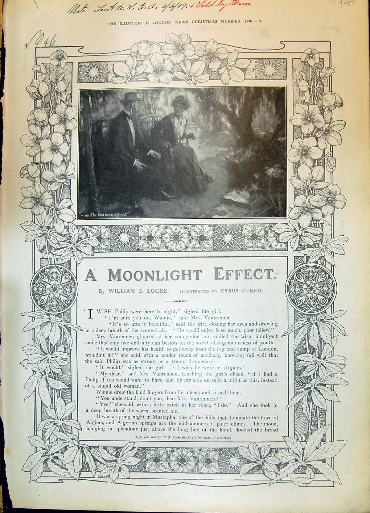 Original Old Antique Print 1908 Moonlight Effect William Locke Man Lady Romance