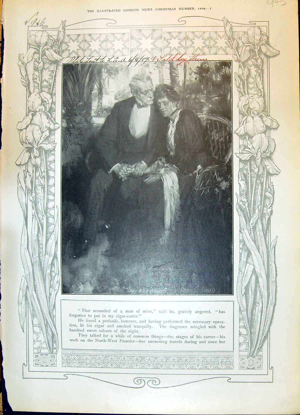 Original Old Antique Print 1908 Portrait Man Lady Romance Hing Hands 20th