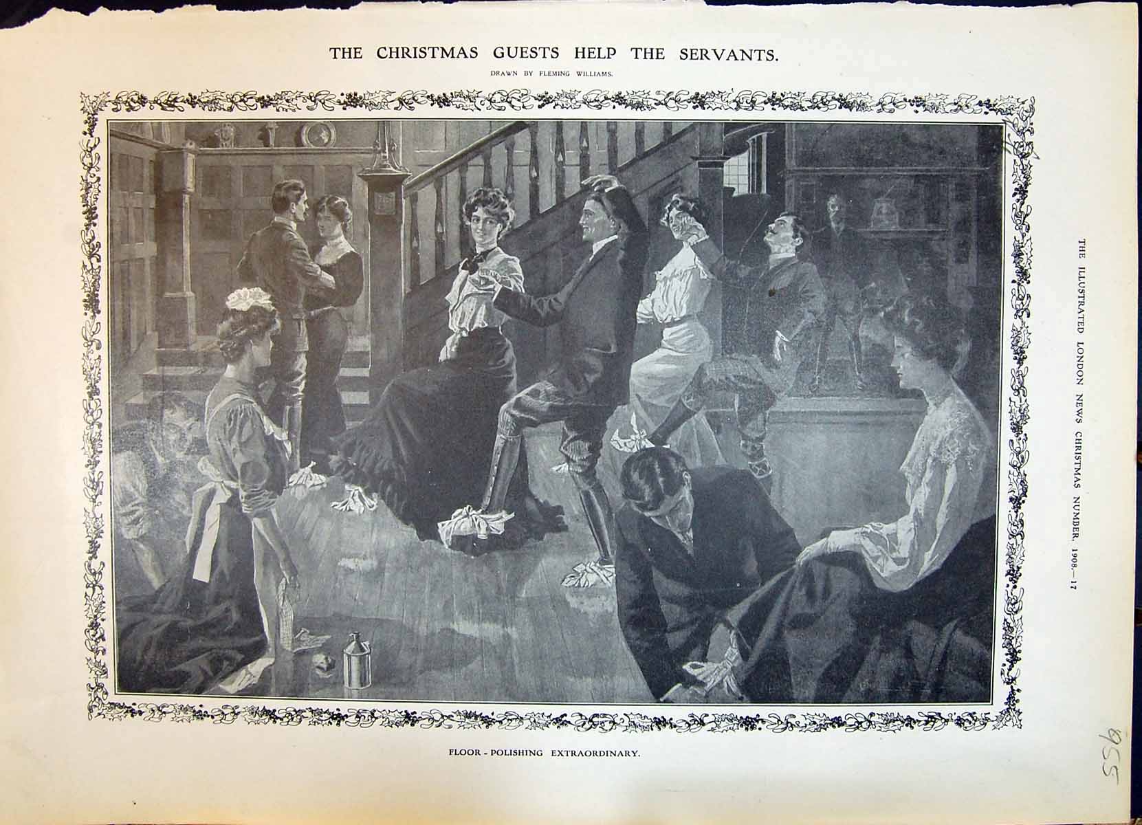 Old 1908 Christmas Entertainment Floor Polishing Romance Man Lady Hol 20th
