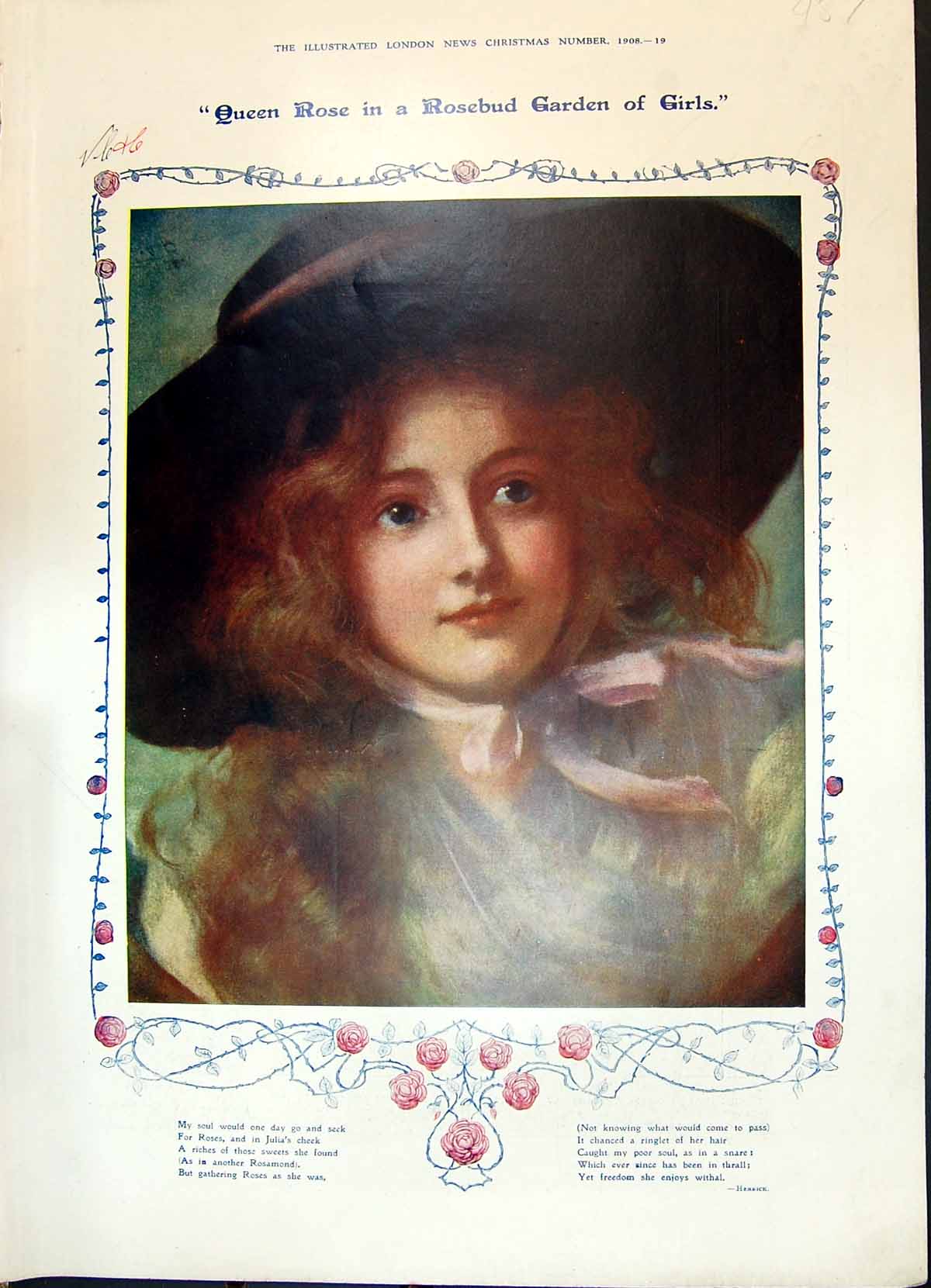 Antique Print 1908 Queen Rose Rosebud Garden Girls Children Christmas Party