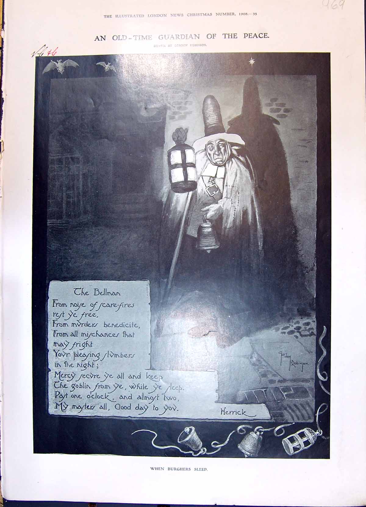 Old Print 1908 -Time Guardian Peace Bellman Moonlight Owl Bat Ruins Chur 20th