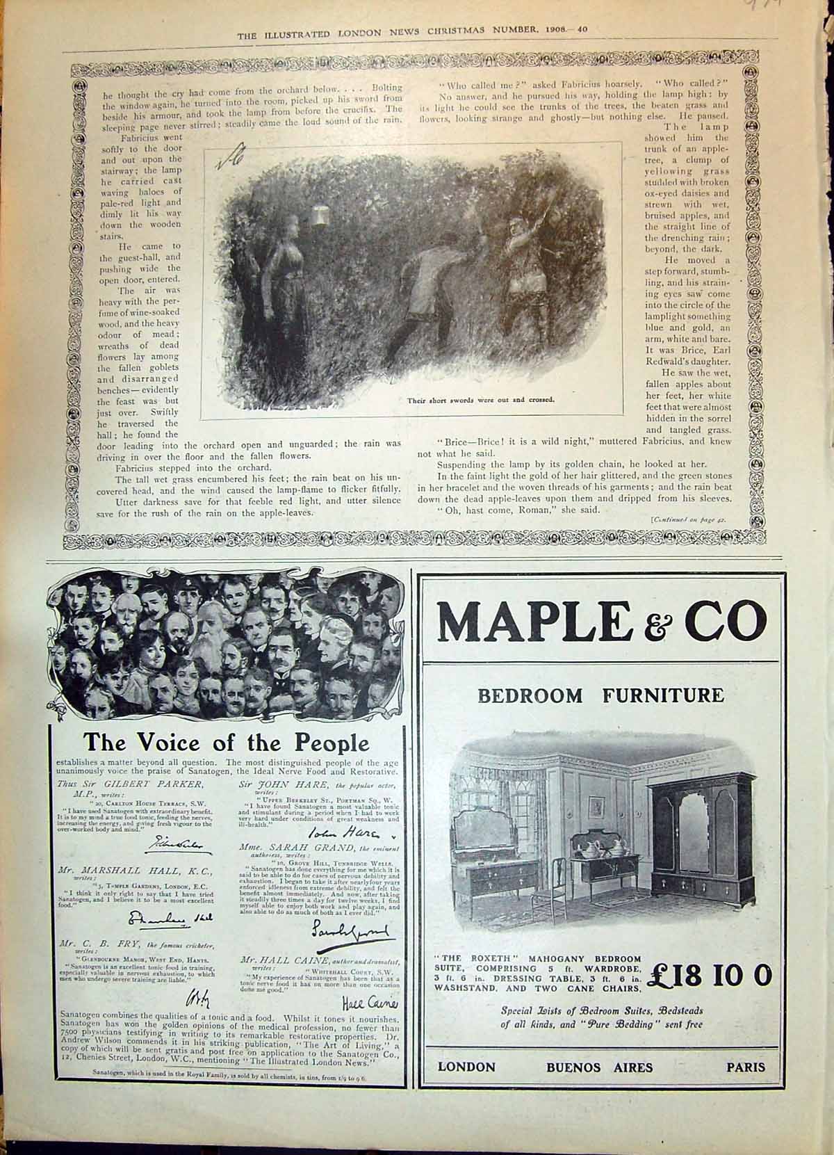 Old 1908 Advertisement Maple Furniture Bedroom Roxeth Mahogany Sanato 20th