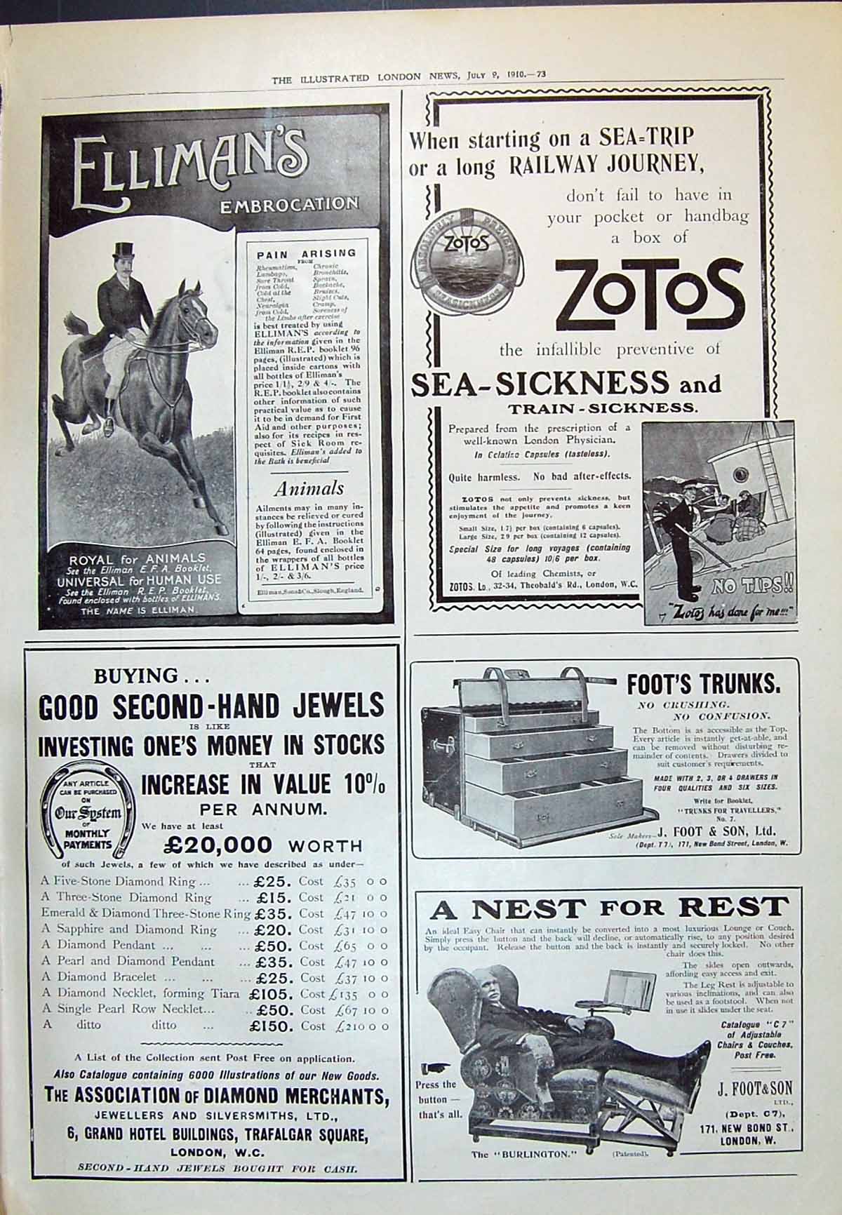 Antique Print 1910 Ellimans Embrocation Zotos Diamond Merchants Foot Trunks