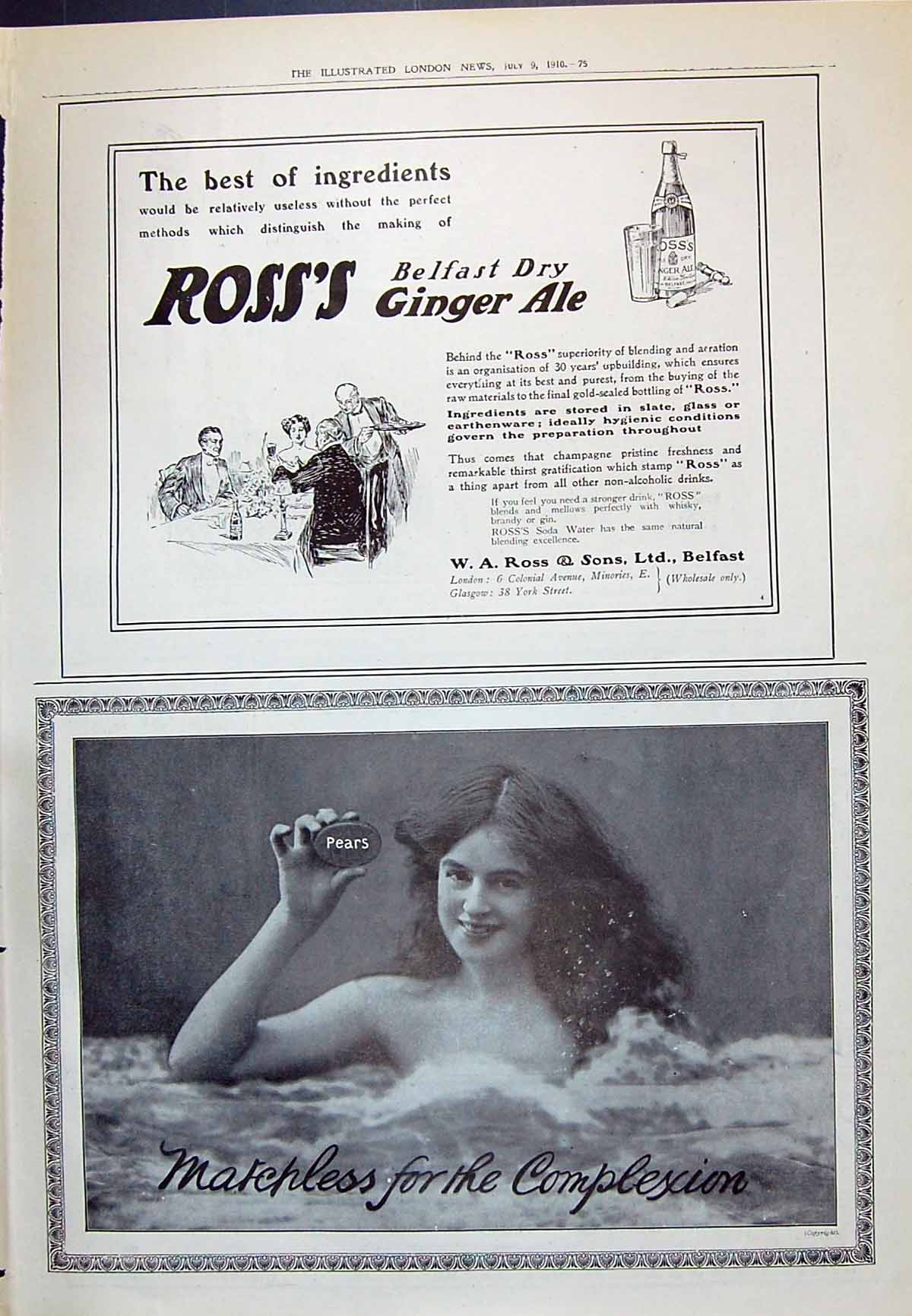 Antique Old Print 1910 Ross Belfast Dry Ginger Ale Pears Soap Bathing Lady 20th