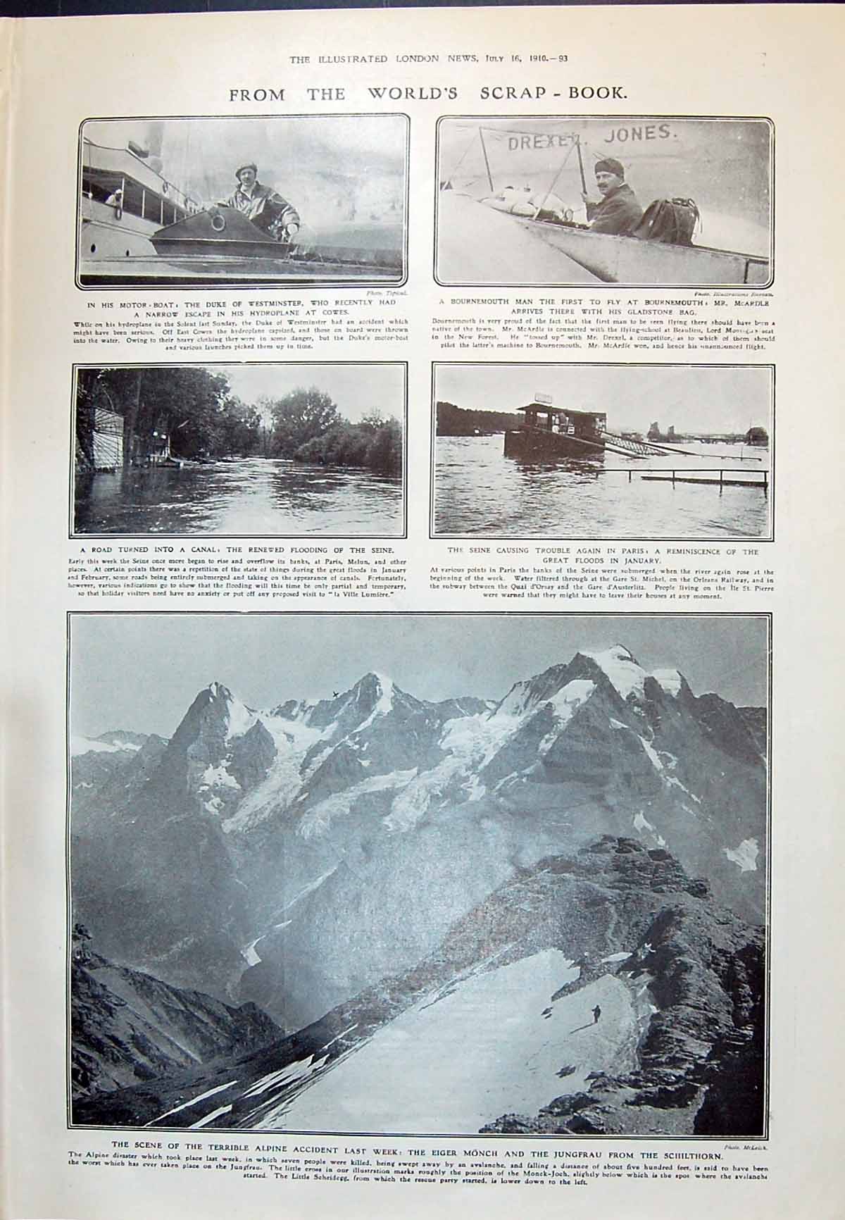 Old 1910 Eiger Monach Jungfrau Schilthorn Flood Seine Motor Boat Vipe 20th