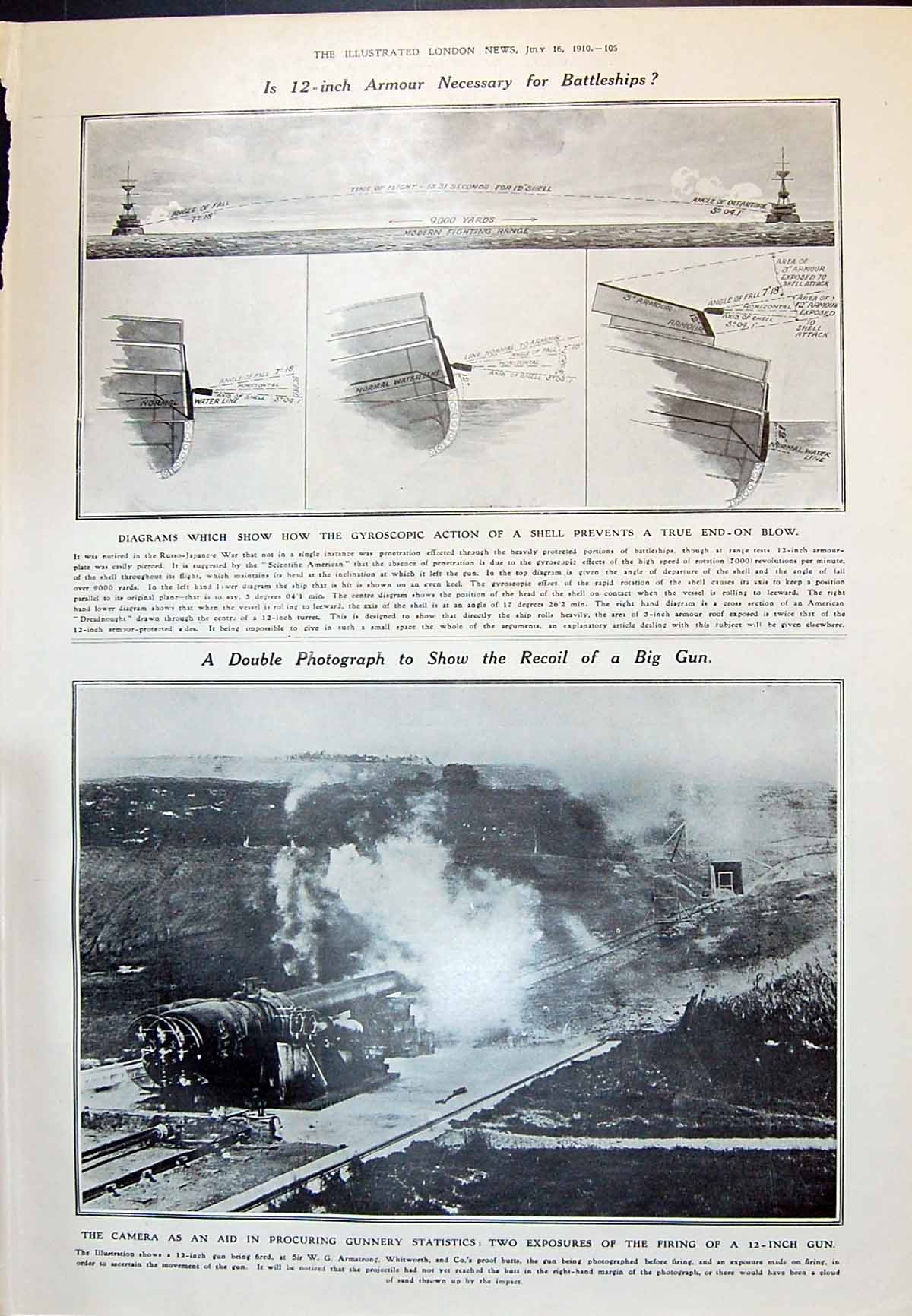 Old 1910 Gyroscopic Action Shell Ships Armour Whitworth Gun Balzac Ha 20th