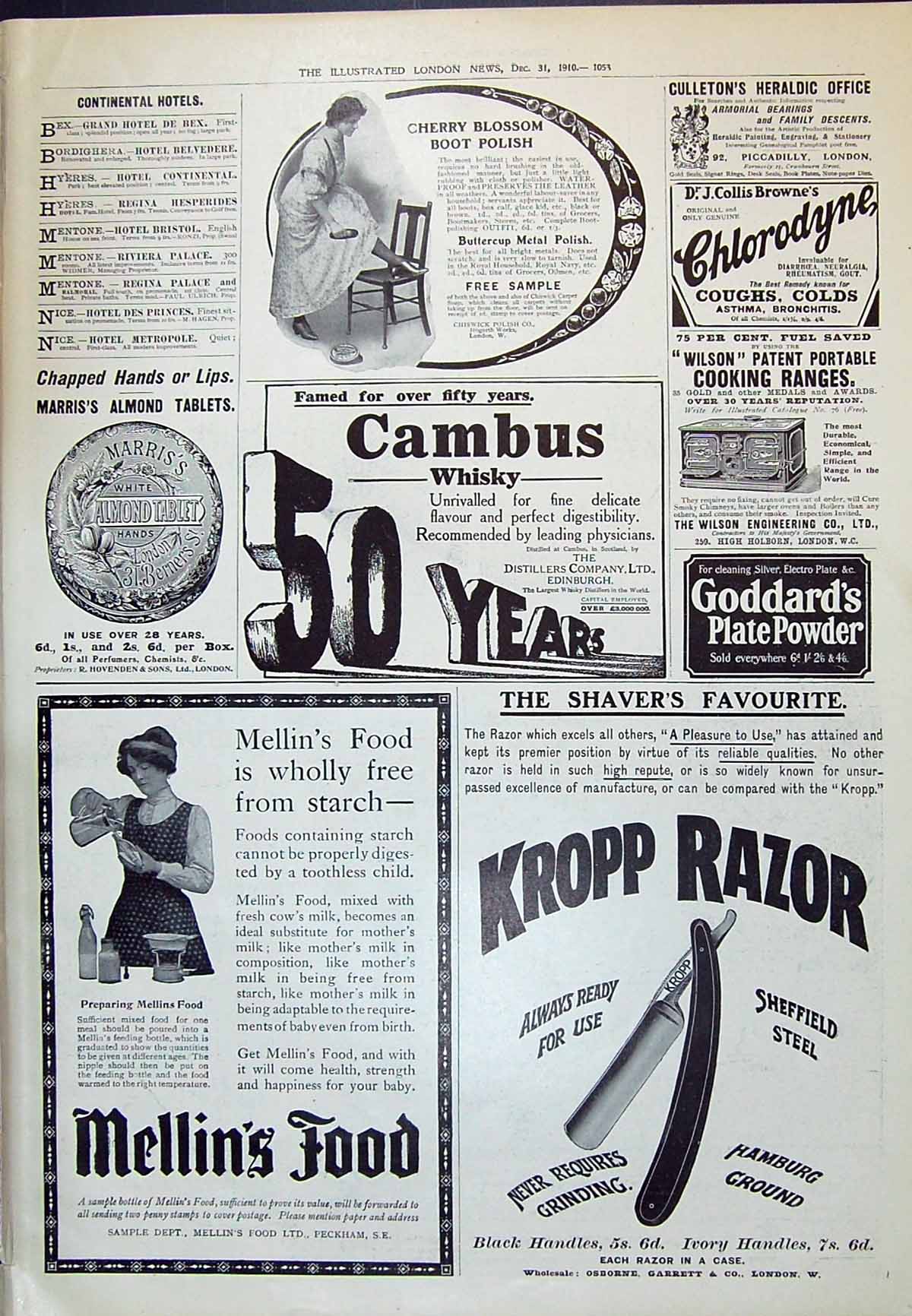 Old Print 1910 Kropp Razor Mellins Food Cambus Whisky Edinburgh Goddards 20th