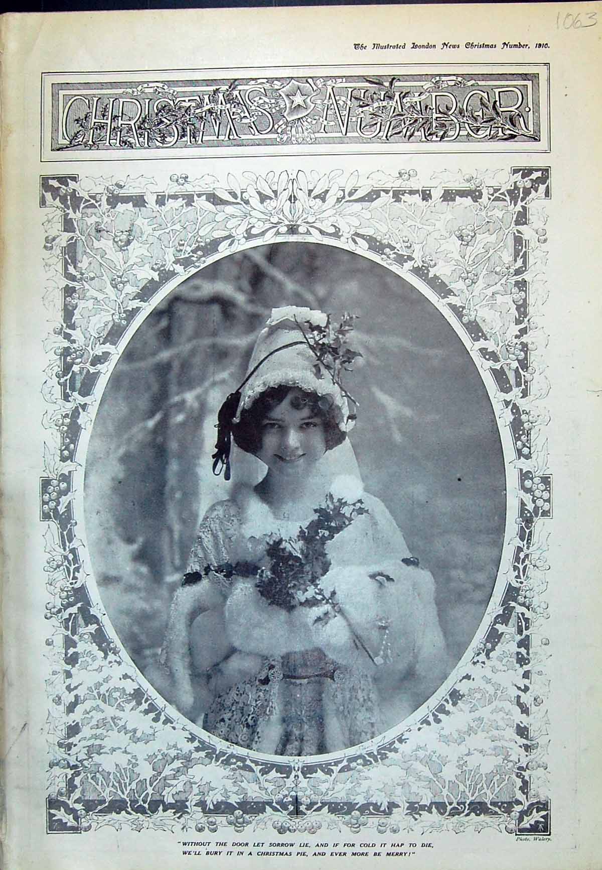Antique Old Print 1910 Portrait Beautiful Young Girl Holly Christmas Scene