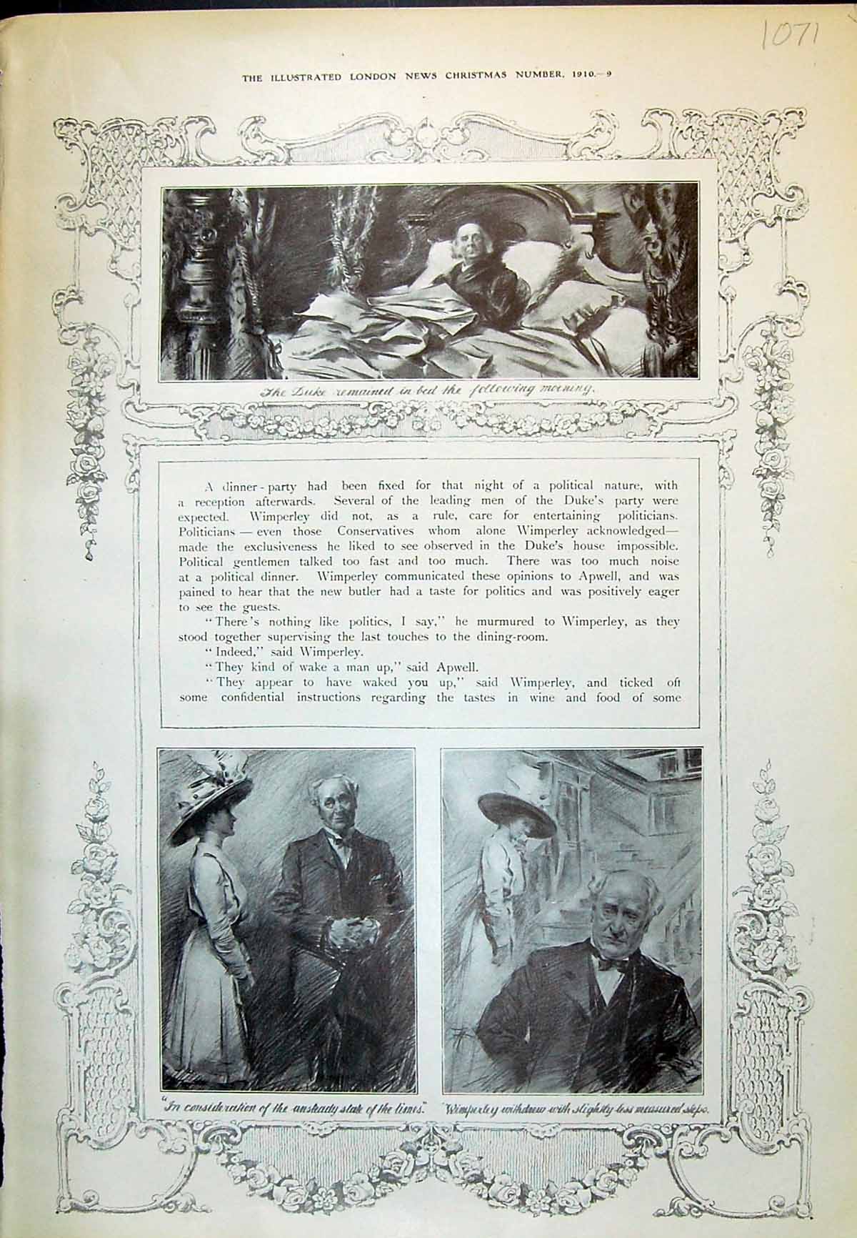 Antique Print 1910 Duke Duchess Man Bed Scene Wimperley Story Illustration