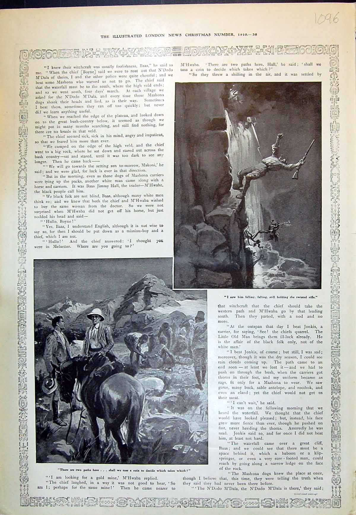 Old Print 1910 Man Gun Falling Waterfall River Horses Mountains Natives 20th