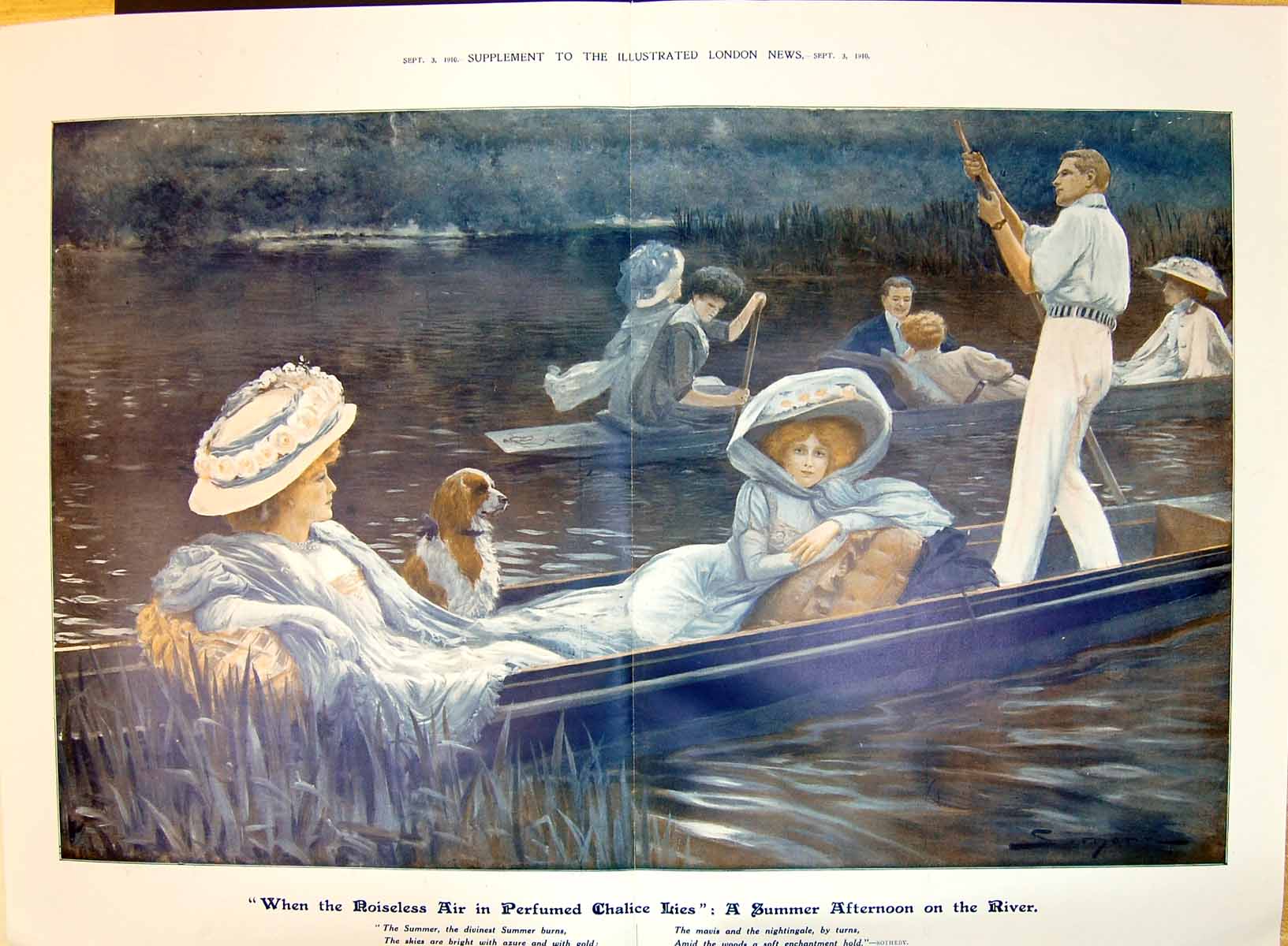 Old Print 1910 Summer Afternoon Scene River Boats Romance Colour Simont 20th