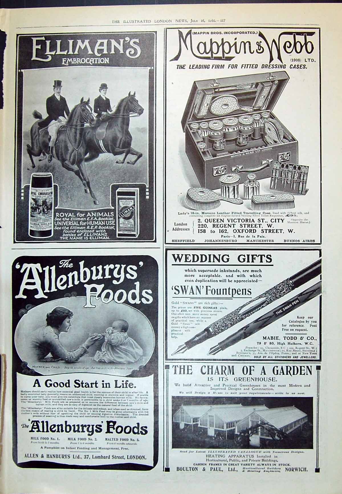 Old Print 1910 Ellimans Mappin Webb Swan Fountain Pen Allenburys Boulton 20th