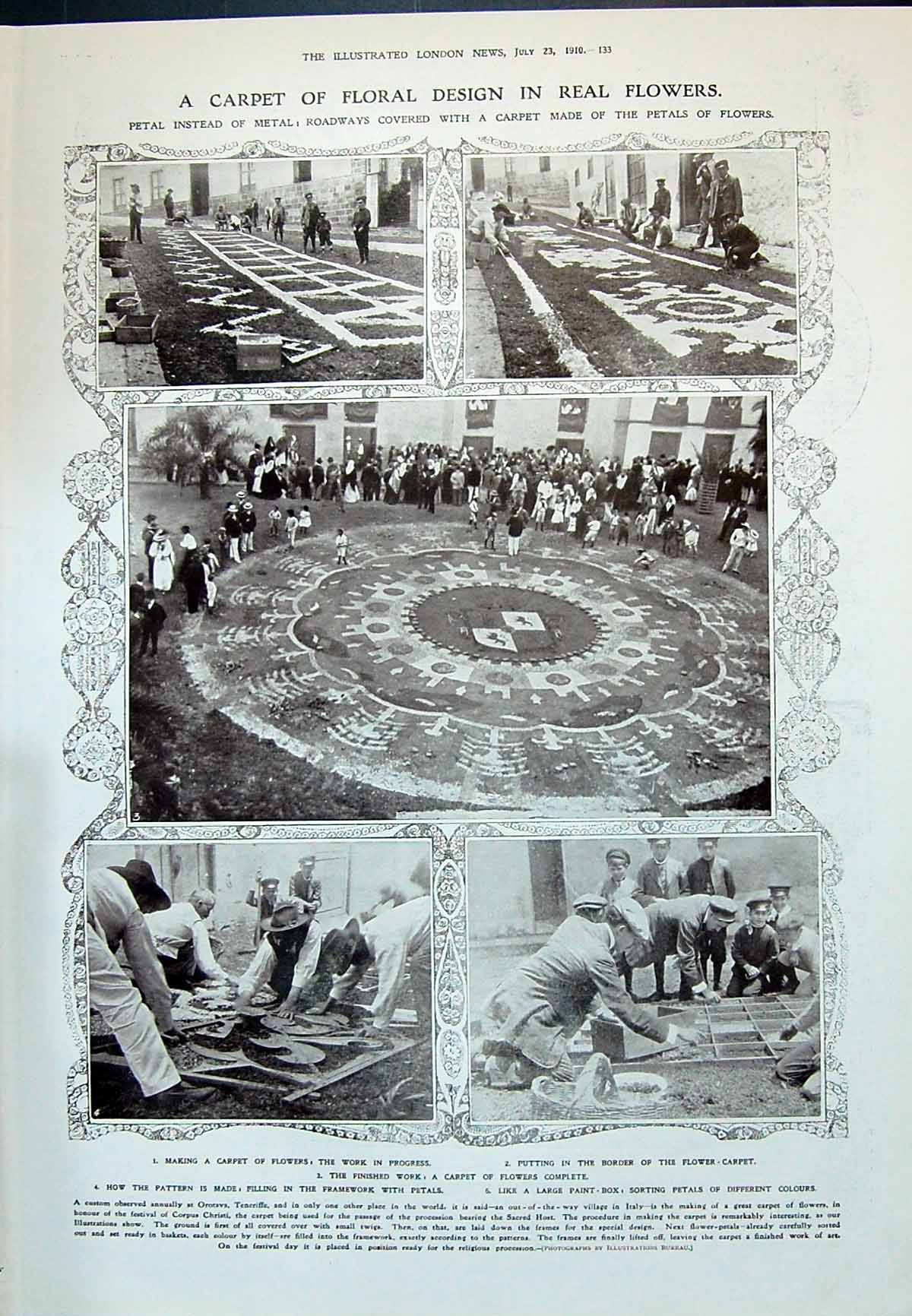 Old 1910 Carpet Flowers Orotava Teneriffe Corpus Christi Tombs Egypt 20th