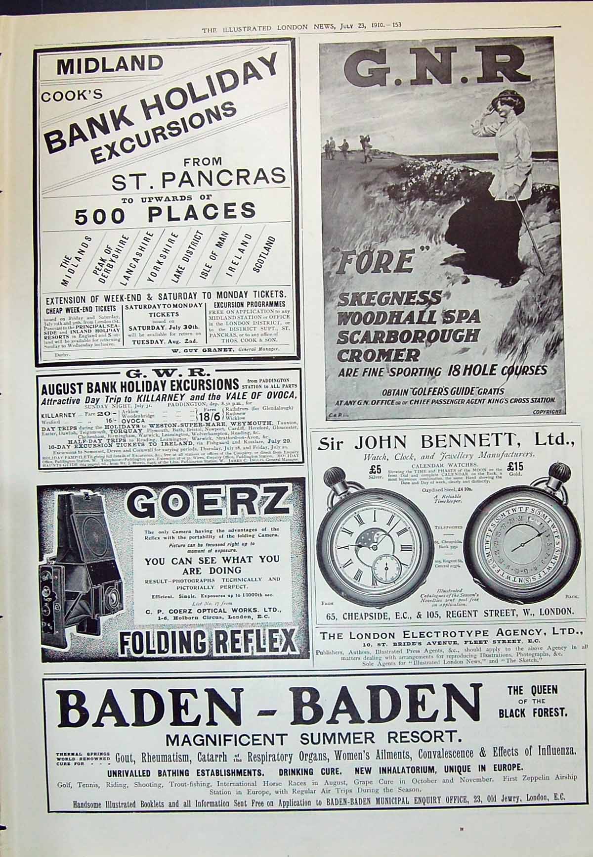 Antique Print 1910 G.W.R. Midland Railway G.N.R. Baden-Baden Bennett Goerz 20th