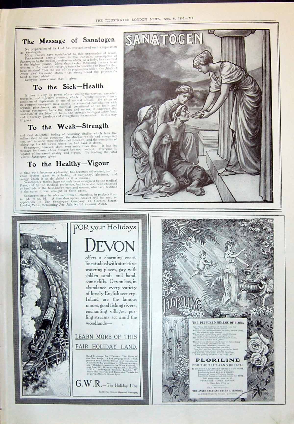 Old Print 1910 Sanatogen G.W.R. Railway Train Floriline Liquid Dentrifice 20th