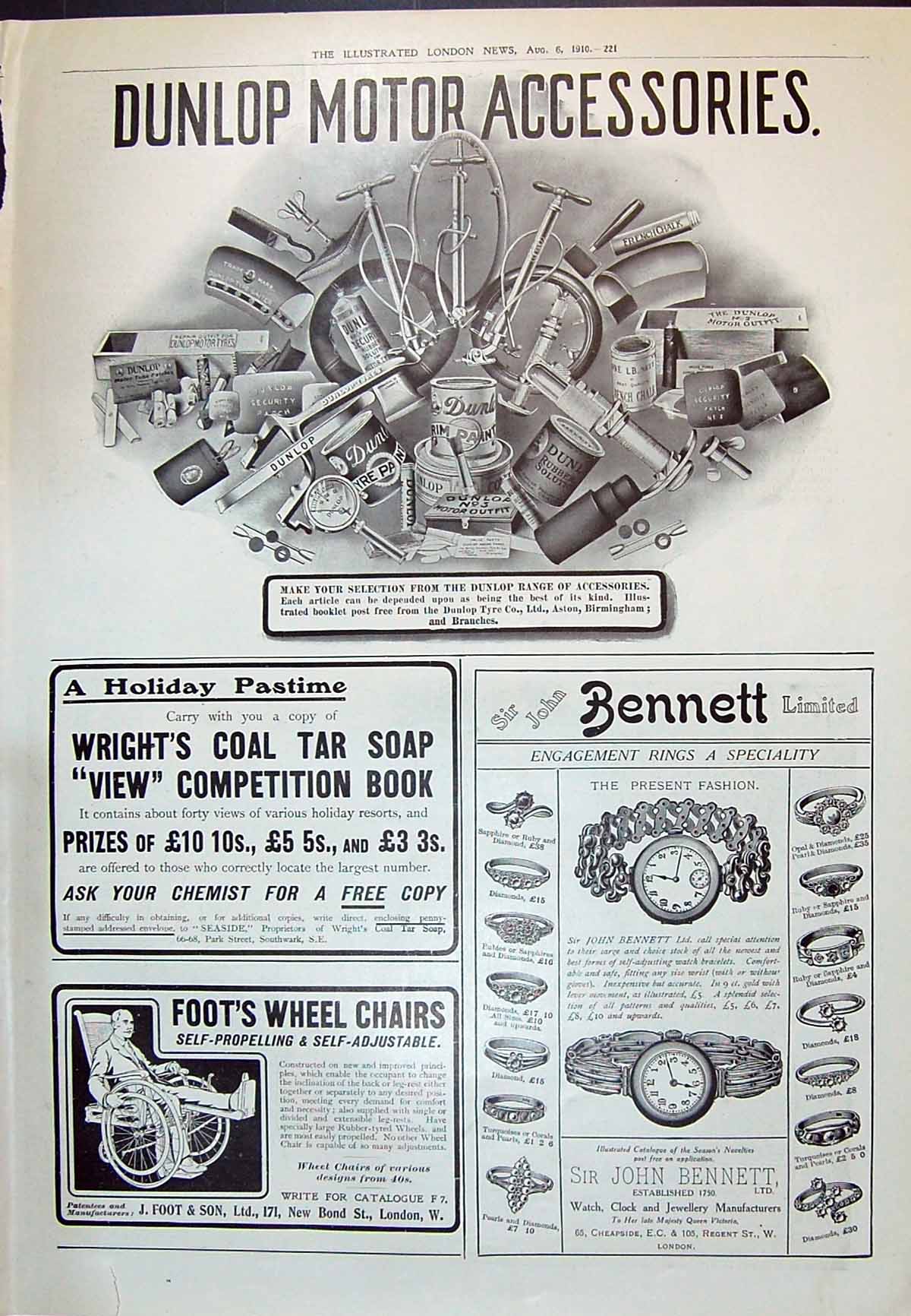 Antique Old Print 1910 Dunlop Motor Accessories Bennett Watches Foot Chairs