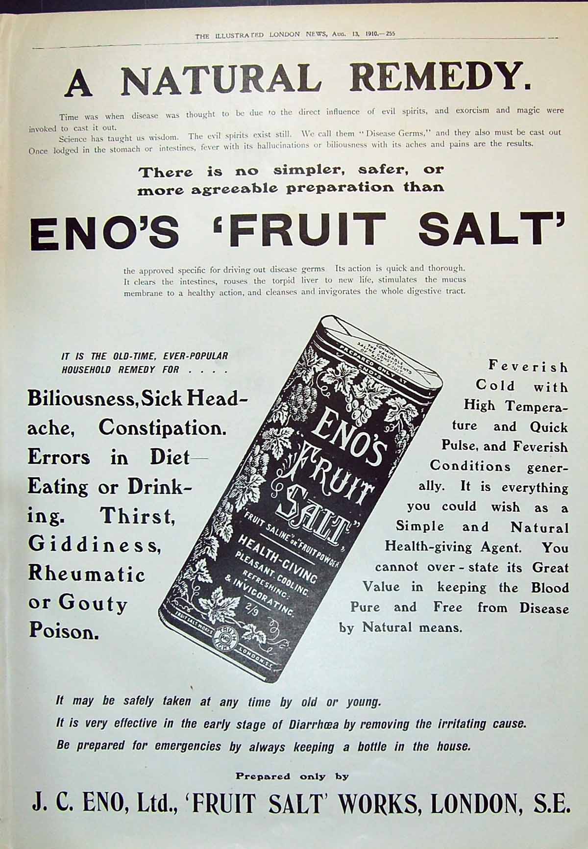 Old Antique Print 1910 Advertisement J.C. Eno'S Fruit Salt Works London 20th