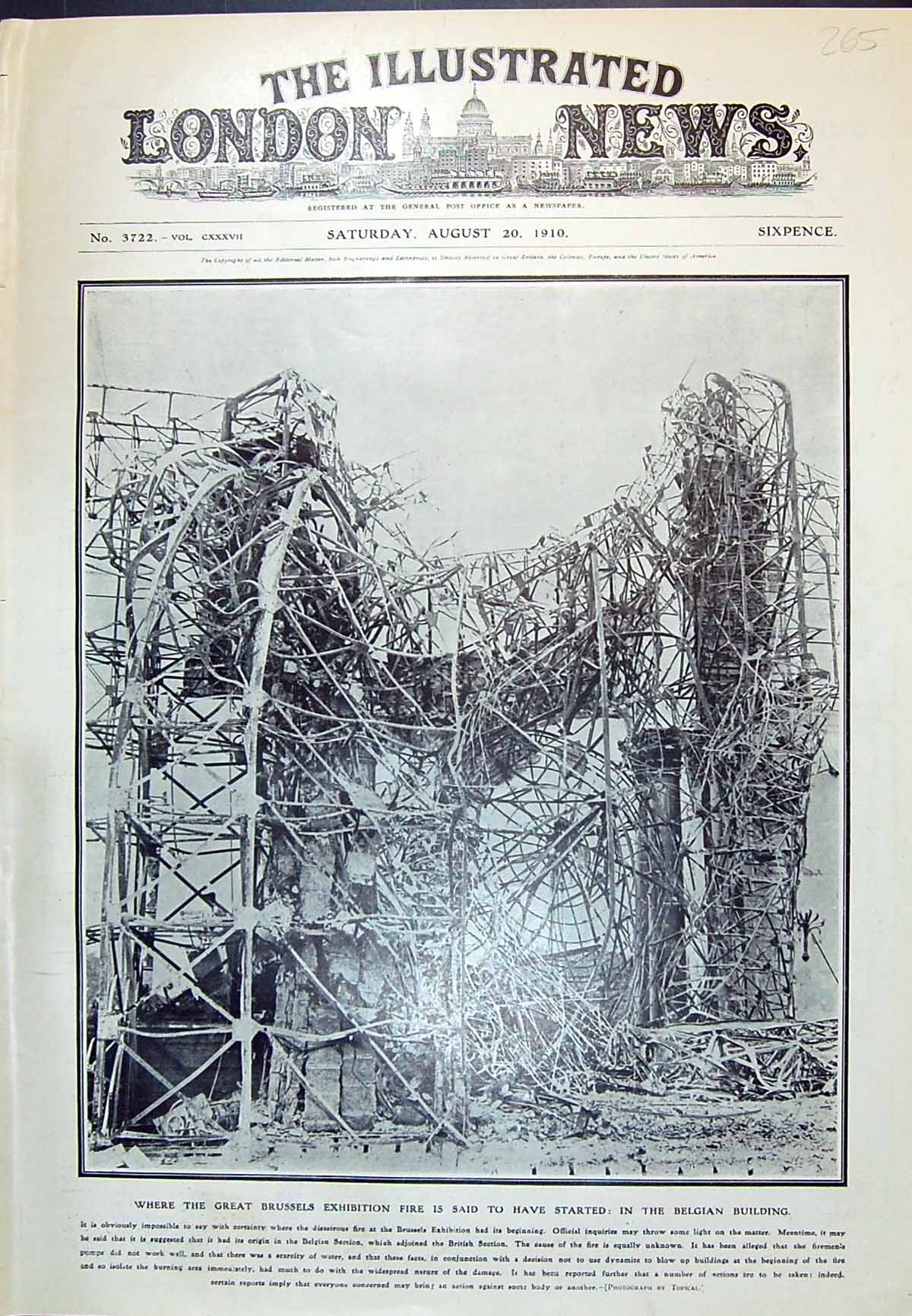 Old Print 1910 Great Brussels Exhibition Fire Belgian Building Photograph 20th
