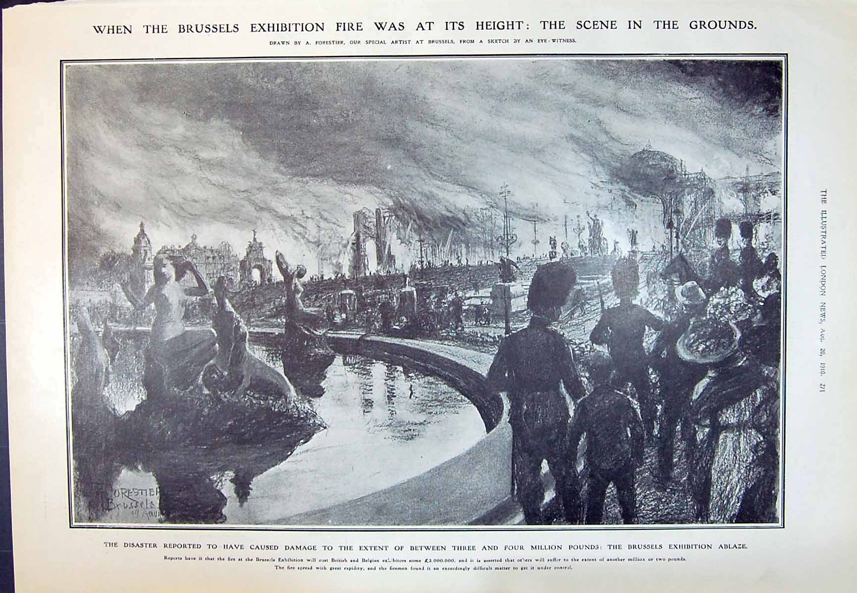 Old Print 1910 Brussels Exhibition Fire Wreckage Fallen Lion Belgian Sie 20th