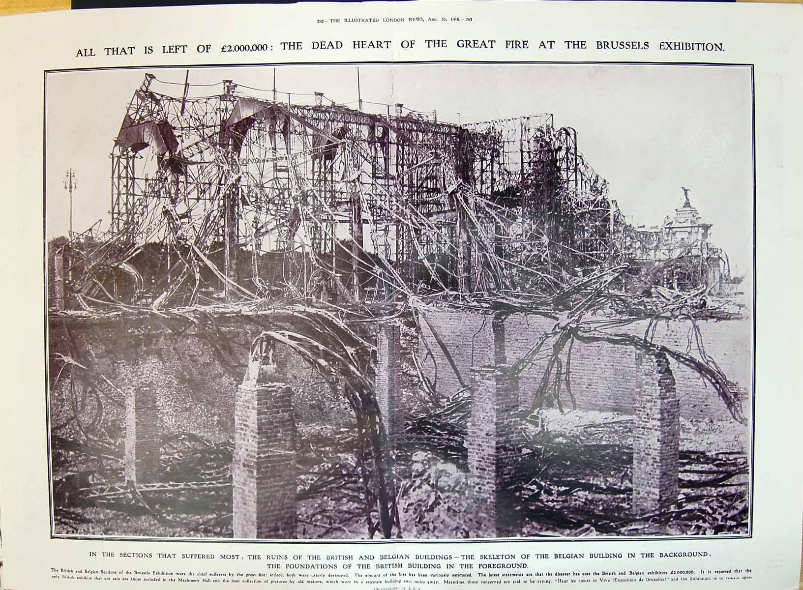 Old 1910 Ruins Belgian British Building Great Fire Brussels Exhibitio 20th