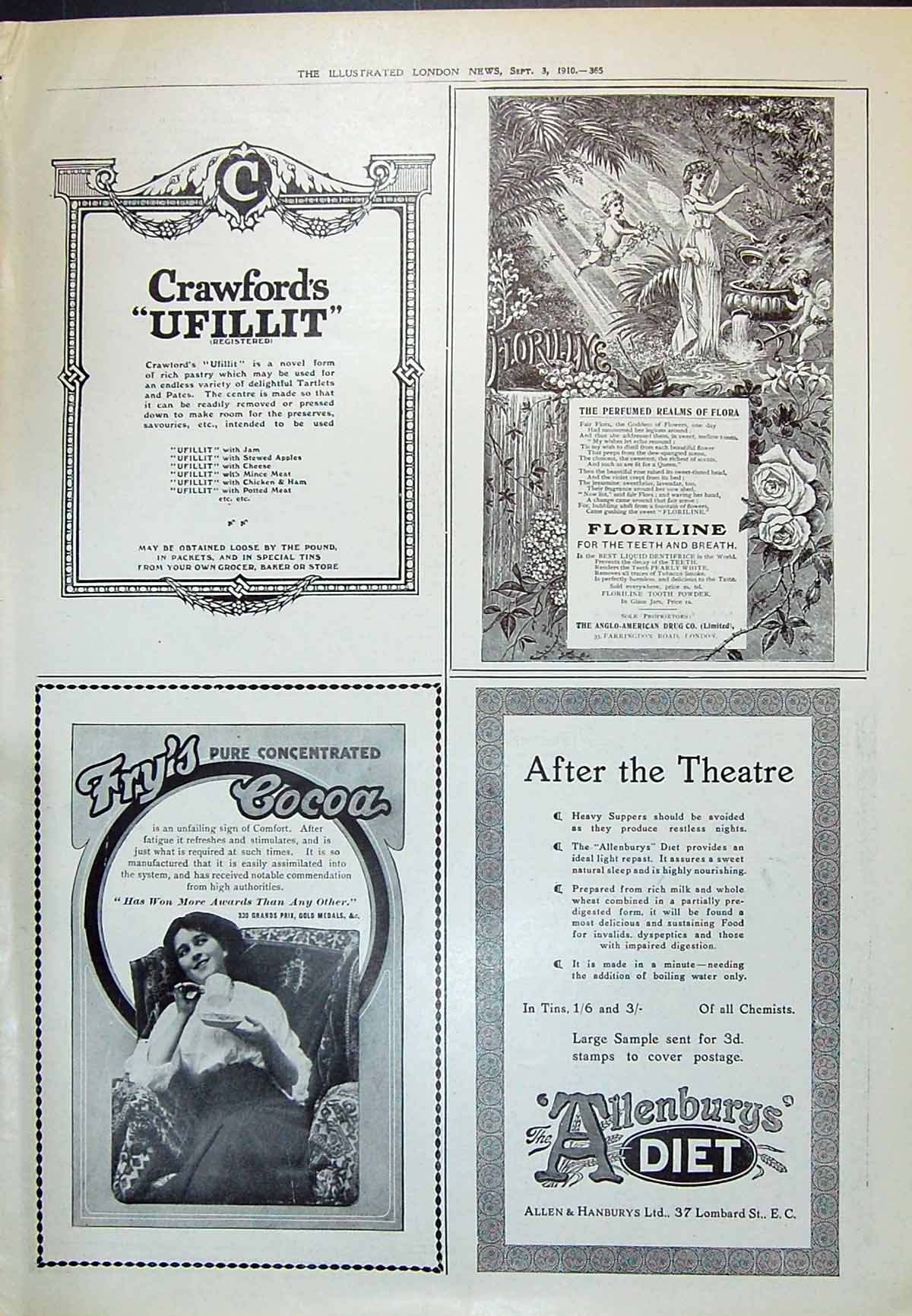 Antique Print 1910 Crawford Ufillit Allenburys Fry'S Cocoa Floriline Flora 20th